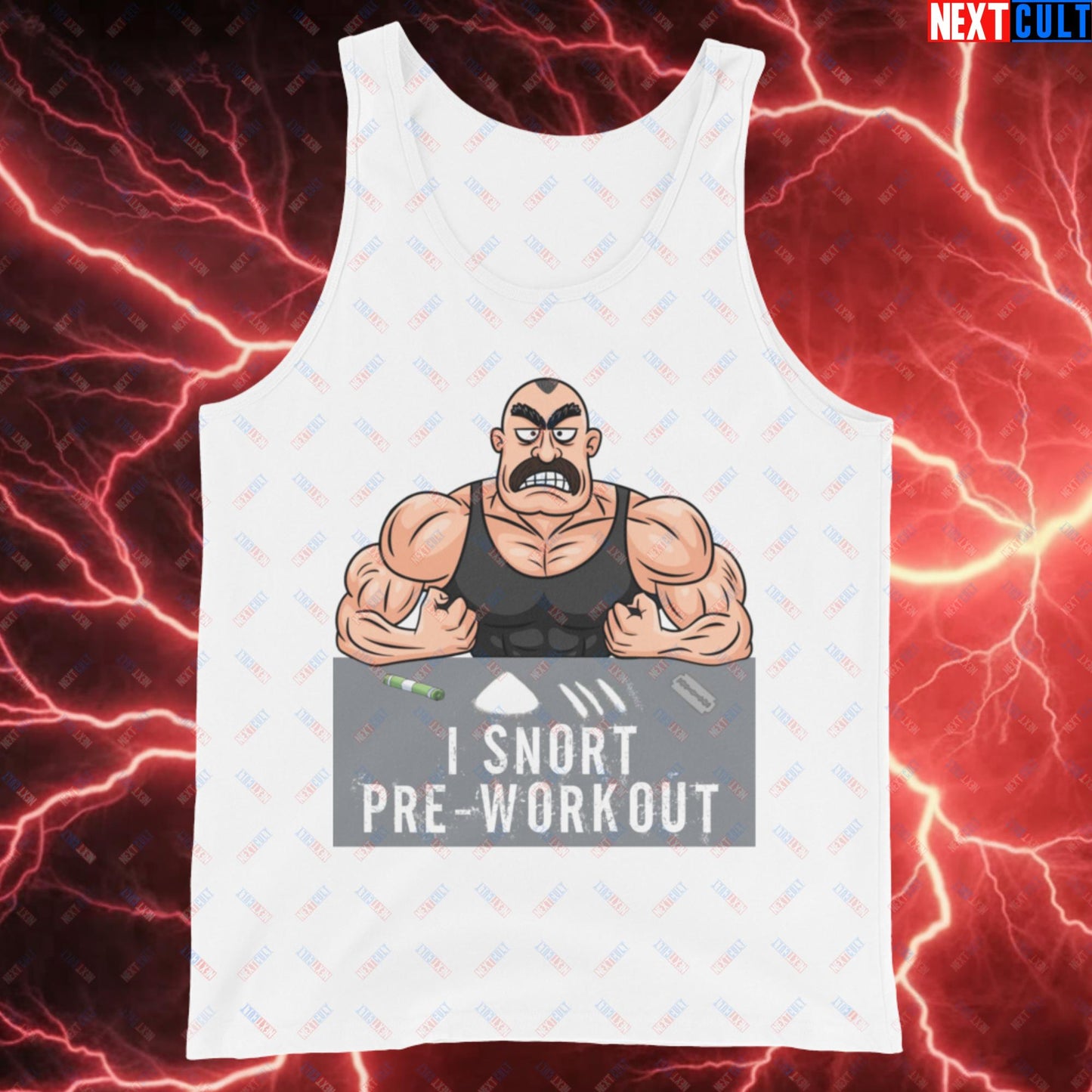 I Snort Pre-workout Gym Bro Fitness Bodybuilding Workout Weightlifting Powerlifting Funny Meme Cartoon Tank Top White Tank Tops Fitness Gym Workout Next Cult Brand