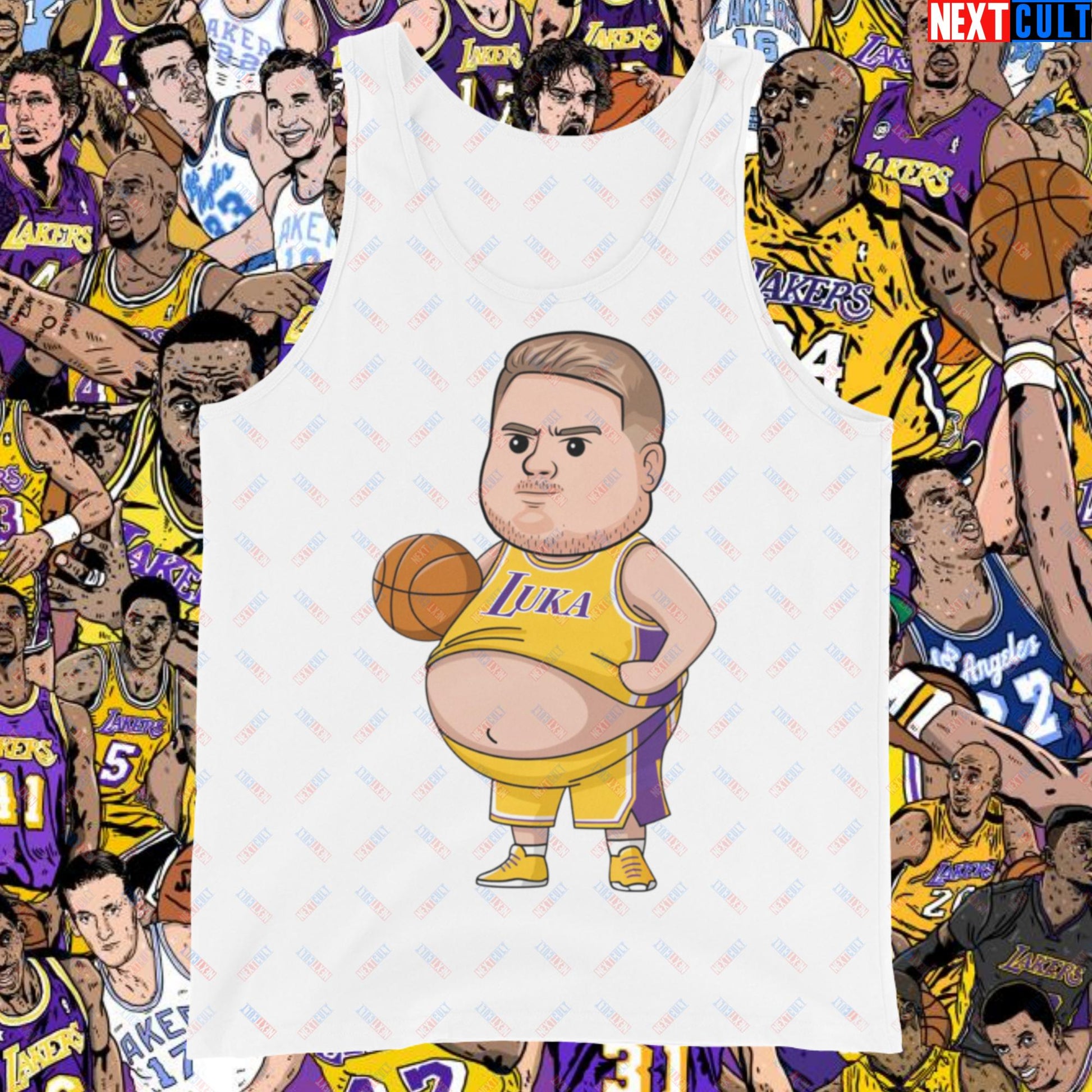 Fat Luka Doncic Los Angeles Lakers NBA Basketball Funny Meme Cartoon Tank Top White Tank Tops Basketball Los Angeles Lakers Luka Doncic NBA Next Cult Brand