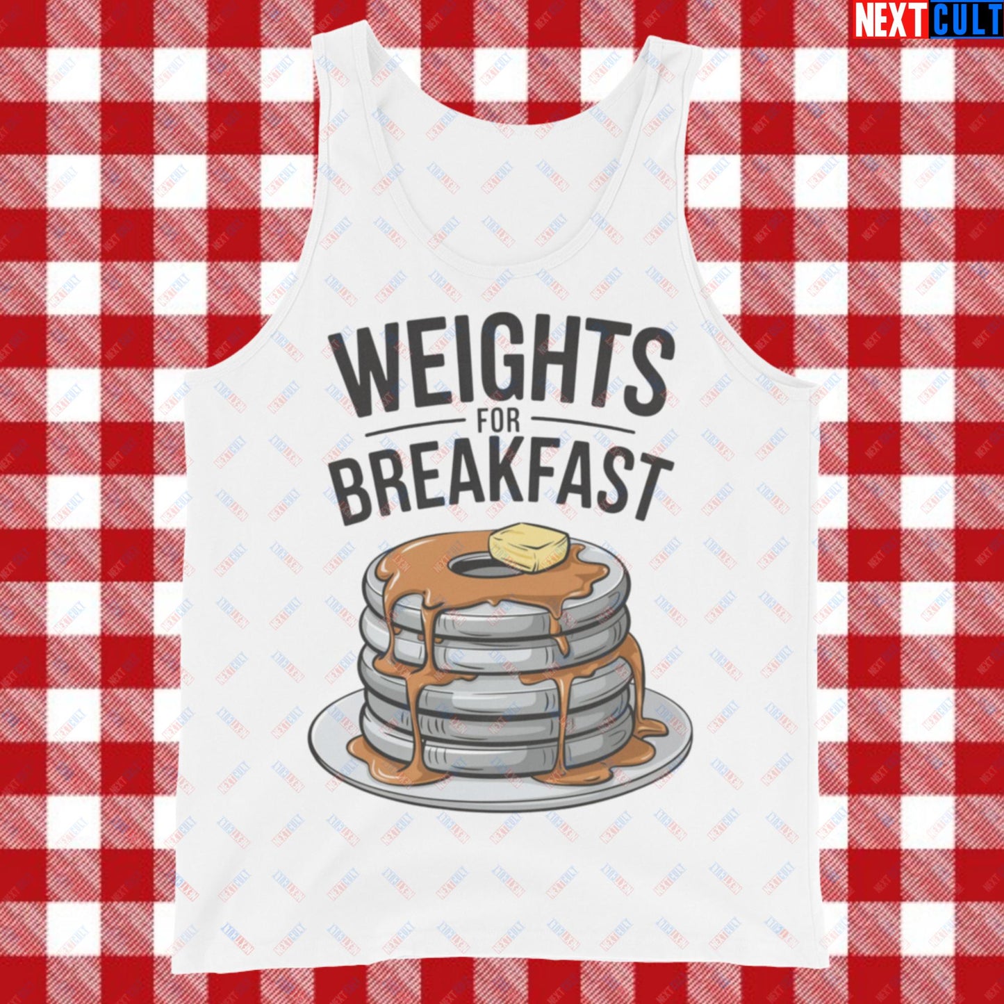 Weights For Breakfast Pancake Weights Funny Gym Workout Fitness Lifting Meme Cartoon Tank Top White Tank Tops Bodybuilding Bulking Fitness Gym Workout Next Cult Brand