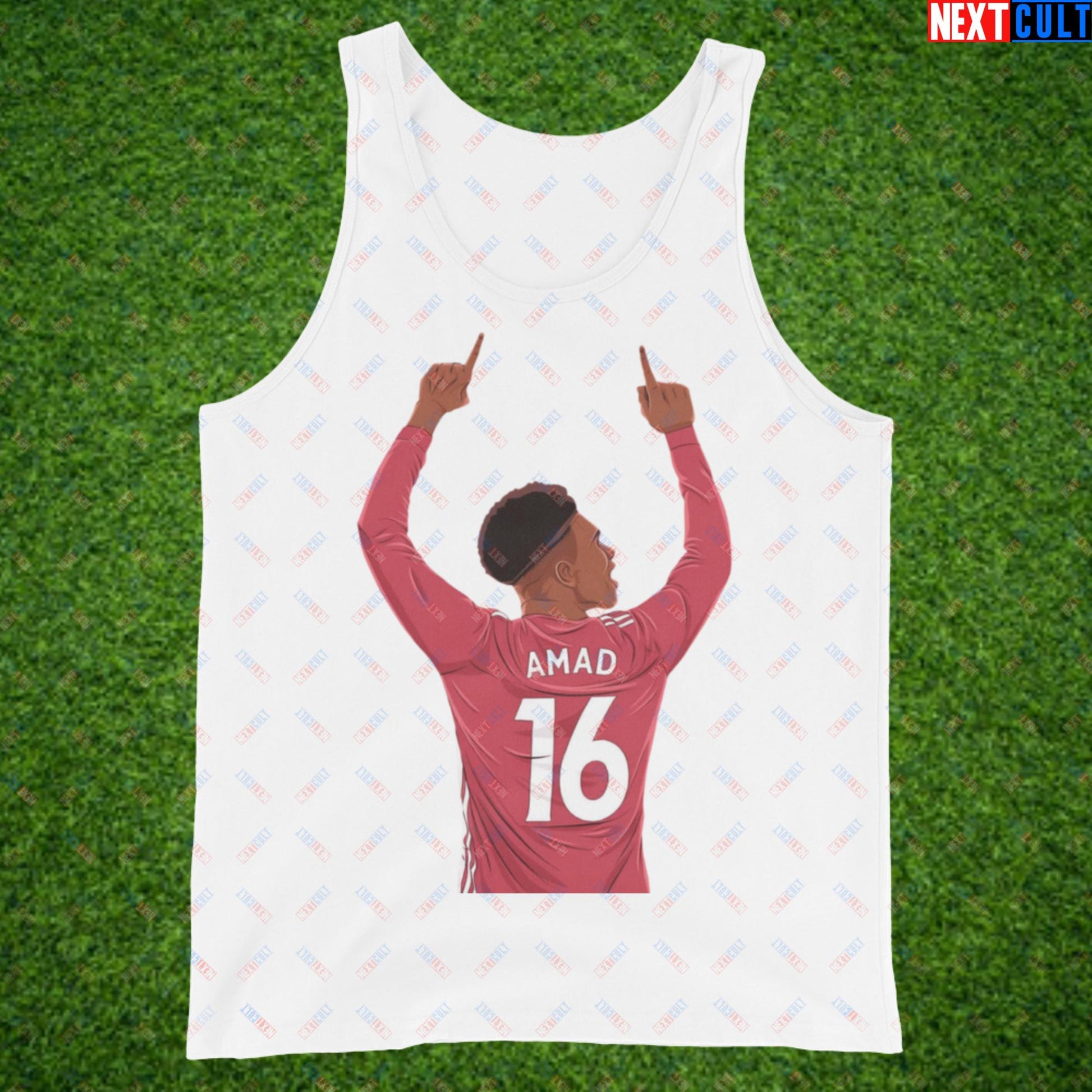 Amad Diallo Goal Celebration AMADNESS Manchester United Funny Meme Cartoon Tank Top White Tank Tops Amad Diallo Football Manchester United Next Cult Brand