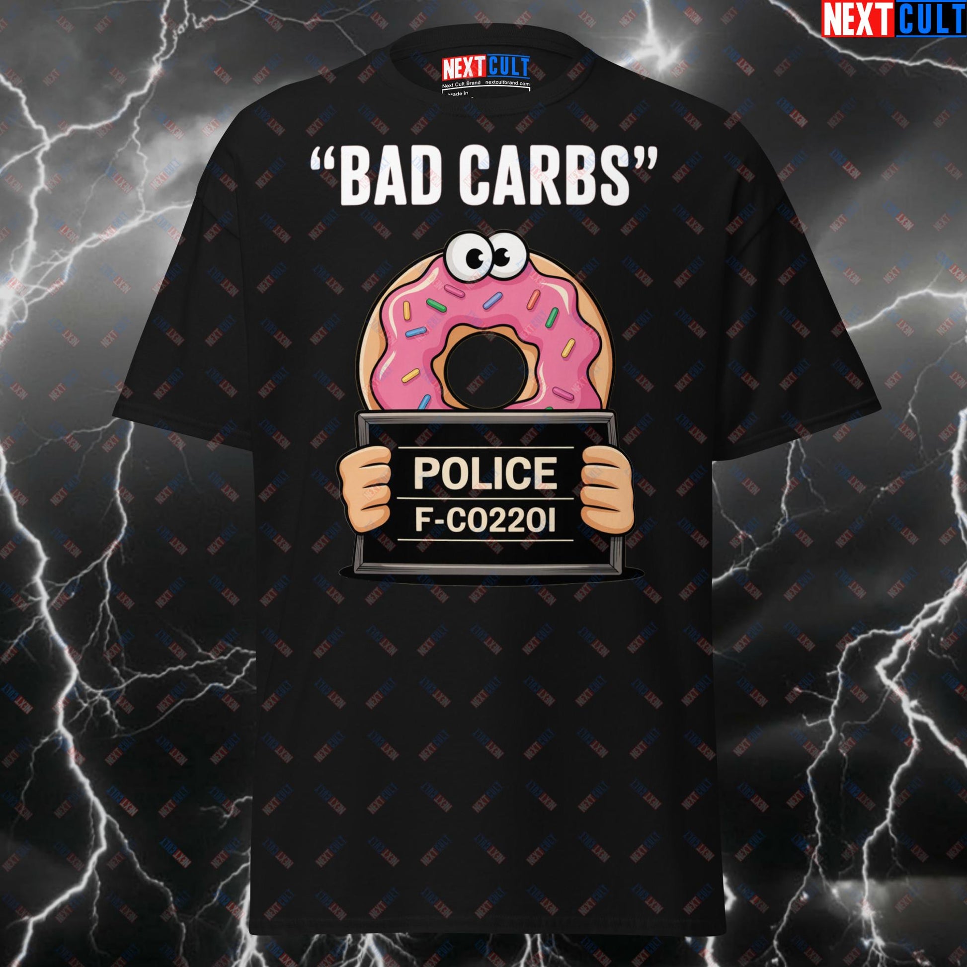 Funny Gym Shirt - Donut Mugshot Pump Cover Tee for Lifters & Gymbros - Bad Carbs Meme Workout T-Shirt for Fitness Gains T-shirts Bulking Donuts Fast Food Fitness Gym Pump Cover Workout Next Cult Brand
