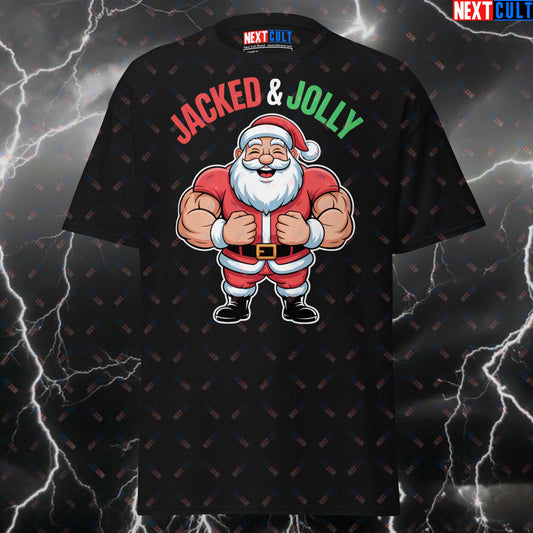 Funny Gym Shirt for Lifters - Jacked & Jolly Swole Santa Pump Cover T-Shirt - Christmas Workout Meme Tee for Gymbros & Fitness Gains T-shirts Christmas Fitness Gym Pump Cover Workout Next Cult Brand