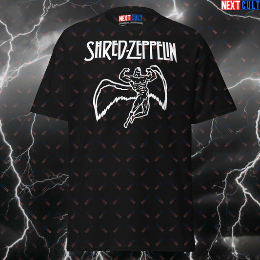 Funny Gym Shirt - Shred Zeppelin Heavy Metal Pump Cover Tee for Gym Bros, Lifters & Rock Music Fans - Meme Workout T-Shirt T-shirts Bodybuilding Fitness Gym Pump Cover Rock Music Workout Next Cult Brand