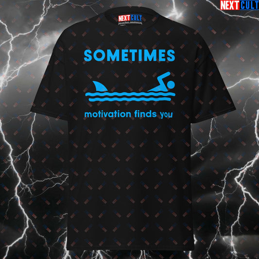 Funny Gym Shirt - Sometimes Motivation Finds You T-Shirt - Pump Cover for Lifters, Swimming Sharks Meme Workout Tee T-shirts Cardio Fitness Gym Pump Cover Swimming Workout Next Cult Brand