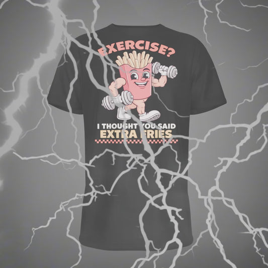 Funny Gym T-Shirt Exercise I Thought You Said Extra Fries Retro Fitness Cartoon Shirt
