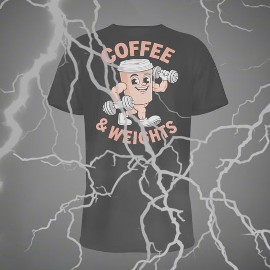 Funny Gym T-Shirt Coffee and Weights Retro Cartoon Graphic Tee for Coffee-Loving Lifters