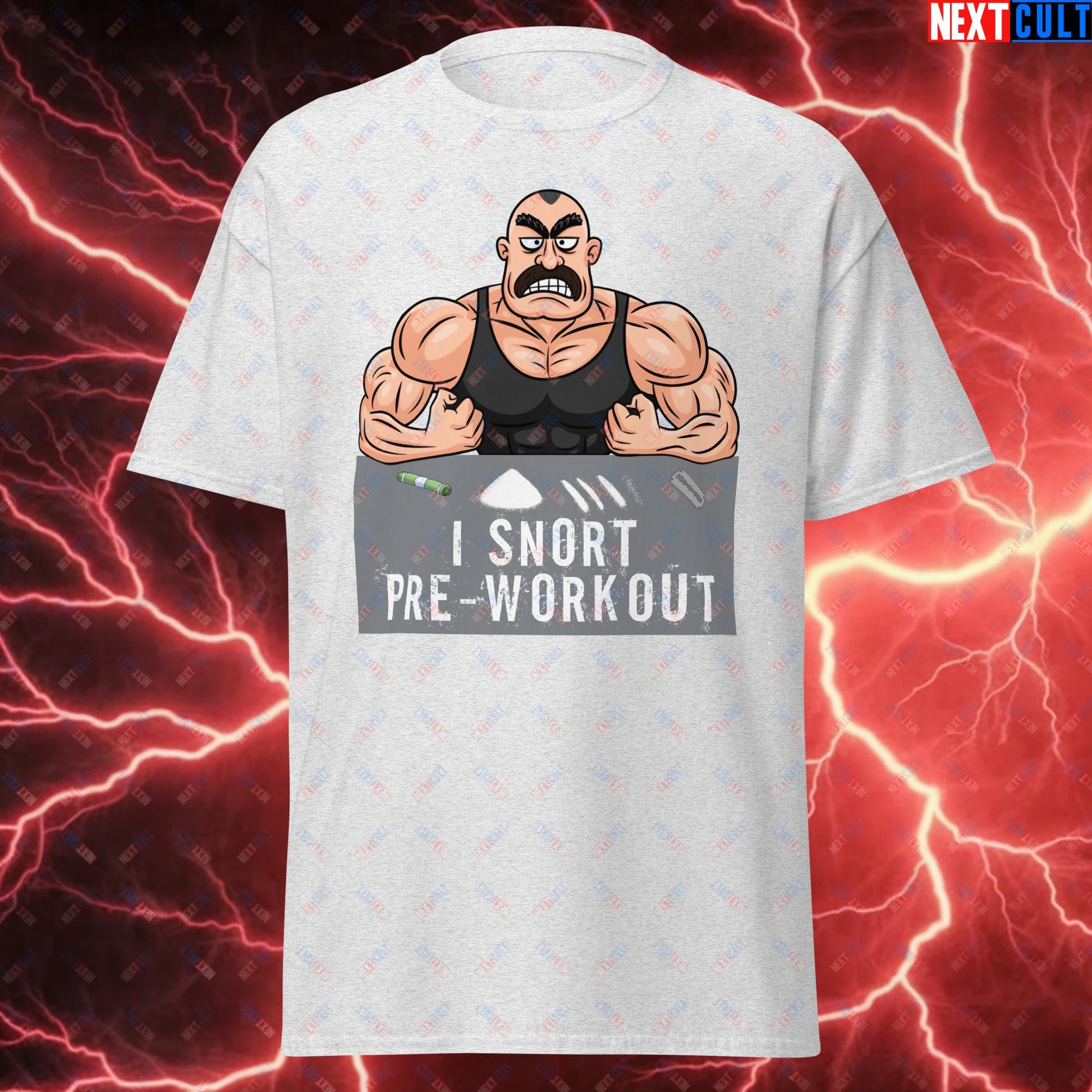 I Snort Pre-workout Gym Bro Fitness Bodybuilding Workout Weightlifting Powerlifting Funny Meme Cartoon Unisex tee Ash T-shirts Fitness Gym Workout Next Cult Brand