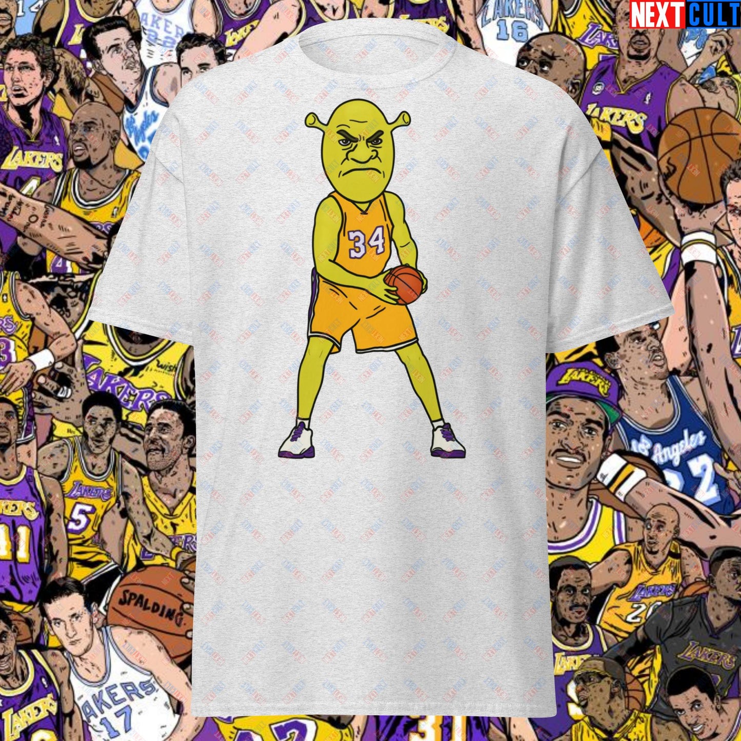 Shrequille O'Neal T-Shirt - Shaquille O'Neal as Shrek Funny Basketball Meme Casual Top - Perfect Gift for Basketball Fans and Shrek Lovers Unisex tee Ash T-shirts Basketball Los Angeles Lakers NBA Shaq Shrek Next Cult Brand