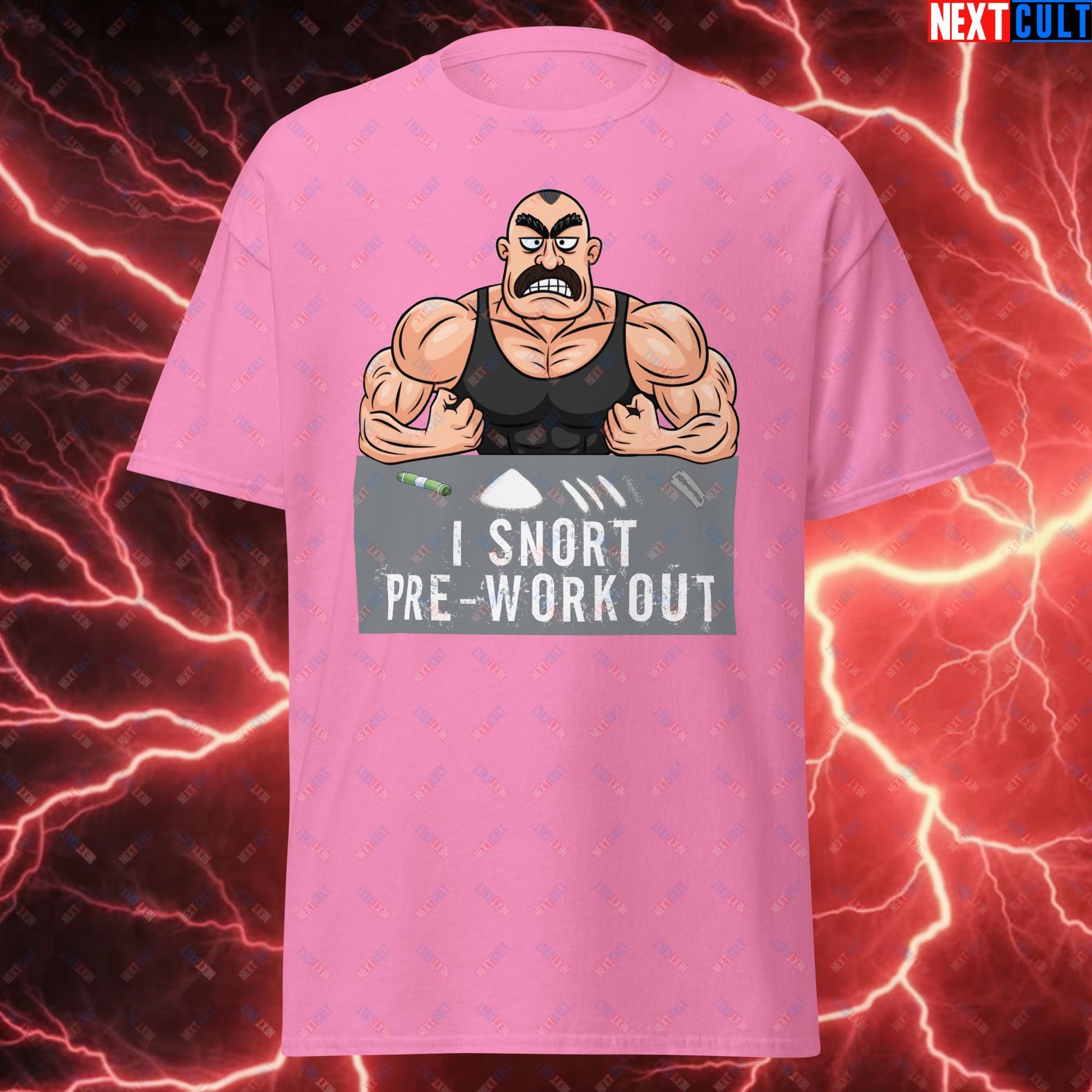 I Snort Pre-workout Gym Bro Fitness Bodybuilding Workout Weightlifting Powerlifting Funny Meme Cartoon Unisex tee Azalea T-shirts Fitness Gym Workout Next Cult Brand