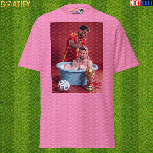 Lamine Yamal T-Shirt – World Cup Final Bath Meme Graphic Tee for Spain and Barcelona Fans |  | ["Argentina", "Barcelona", "Football", "Lamine Yamal", "Lionel Messi", "Soccer", "Spain"]