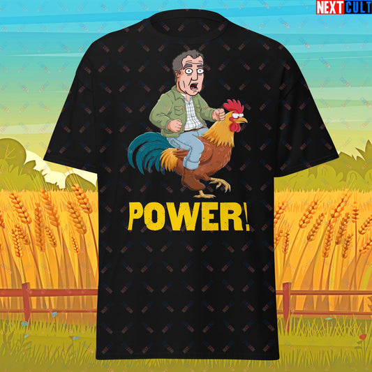 Power Rooster Chicken Farming Jeremy Clarkson's Farm Diddly Squat Grand Tour Top Gear Funny Meme Cartoon Unisex tee Black T-shirts Clarkson's Farm Grand Tour Jeremy Clarkson Top Gear TV Shows Next Cult Brand