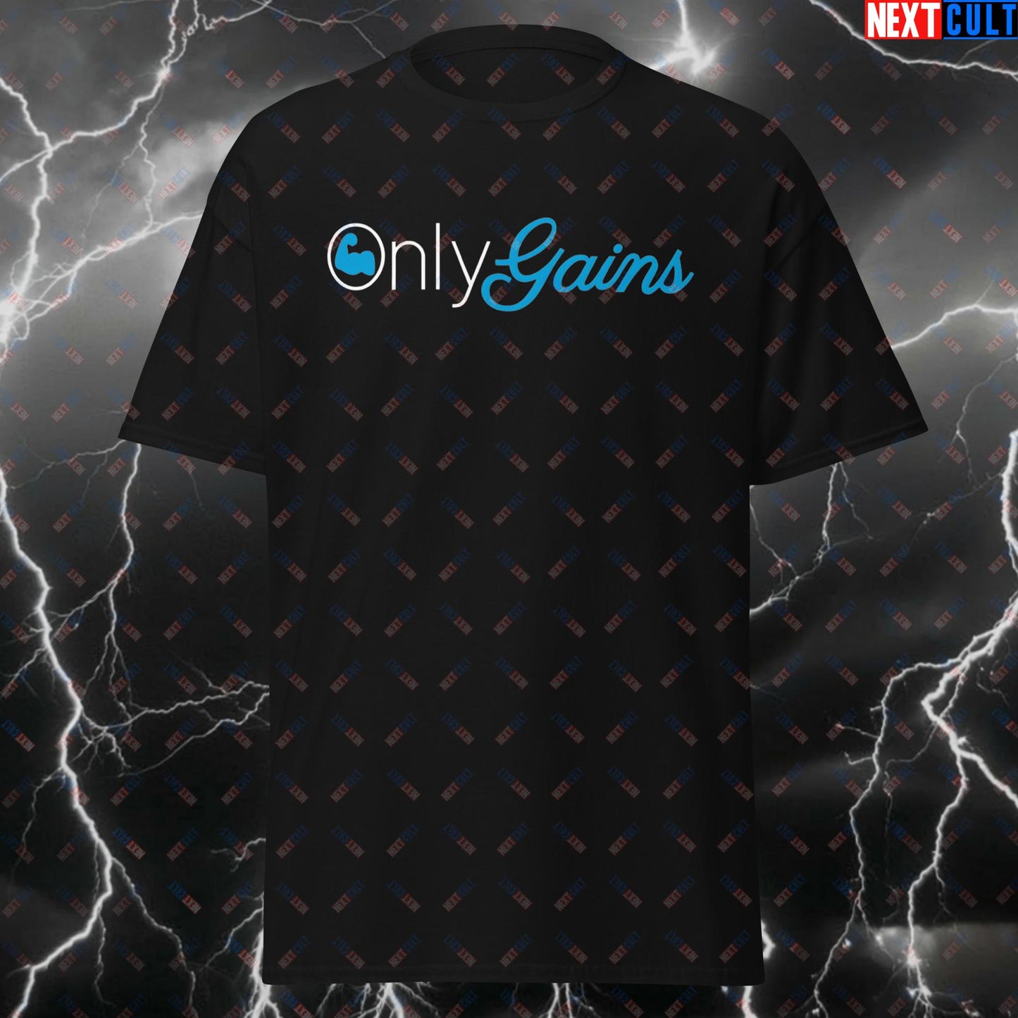 OnlyGains Gym Meme T-Shirt - Funny Workout Tee for Gym Bros - Fitness & Lifting, Bodybuilding Humor Tshirt for Men & Women T-shirts Bodybuilding Fitness Gym OnlyFans Pump Cover Workout Next Cult Brand