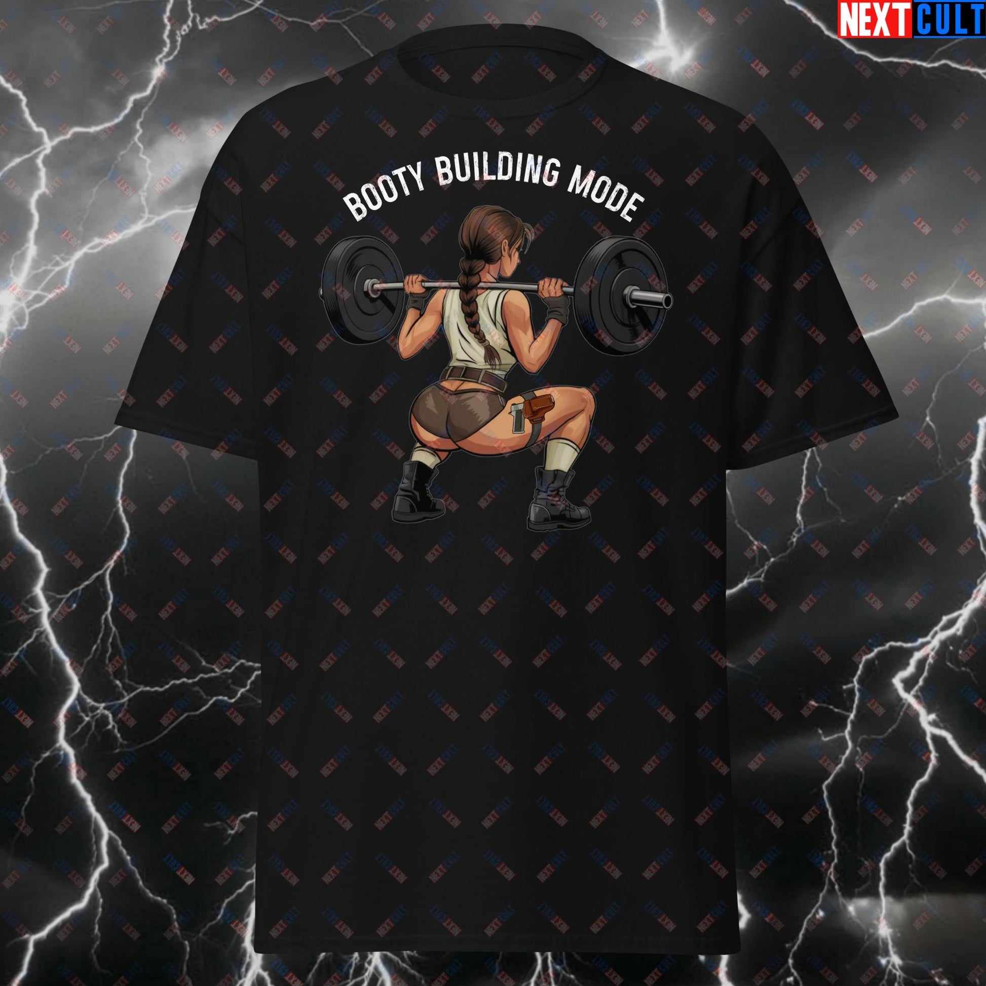 Booty Building Mode Gym Girl T-Shirt - Funny Squat Meme Tee for Fitness Lifters, Leg Day & Gains - Pump Cover Workout Tshirt T-shirts Bodybuilding Fitness Gym Lara Croft Pump Cover Video Games Workout Next Cult Brand