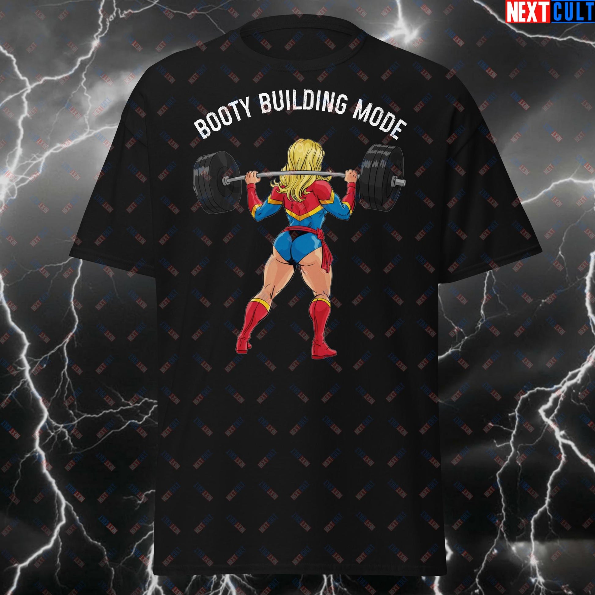 Booty Building Mode Gym Girl T-Shirt - Funny Squats & Leg Day Tee - Bootybuilder Workout Tshirt for Fitness Meme Lovers T-shirts Bodybuilding Captain Marvel Fitness Gym Pump Cover Superheroes Workout Next Cult Brand