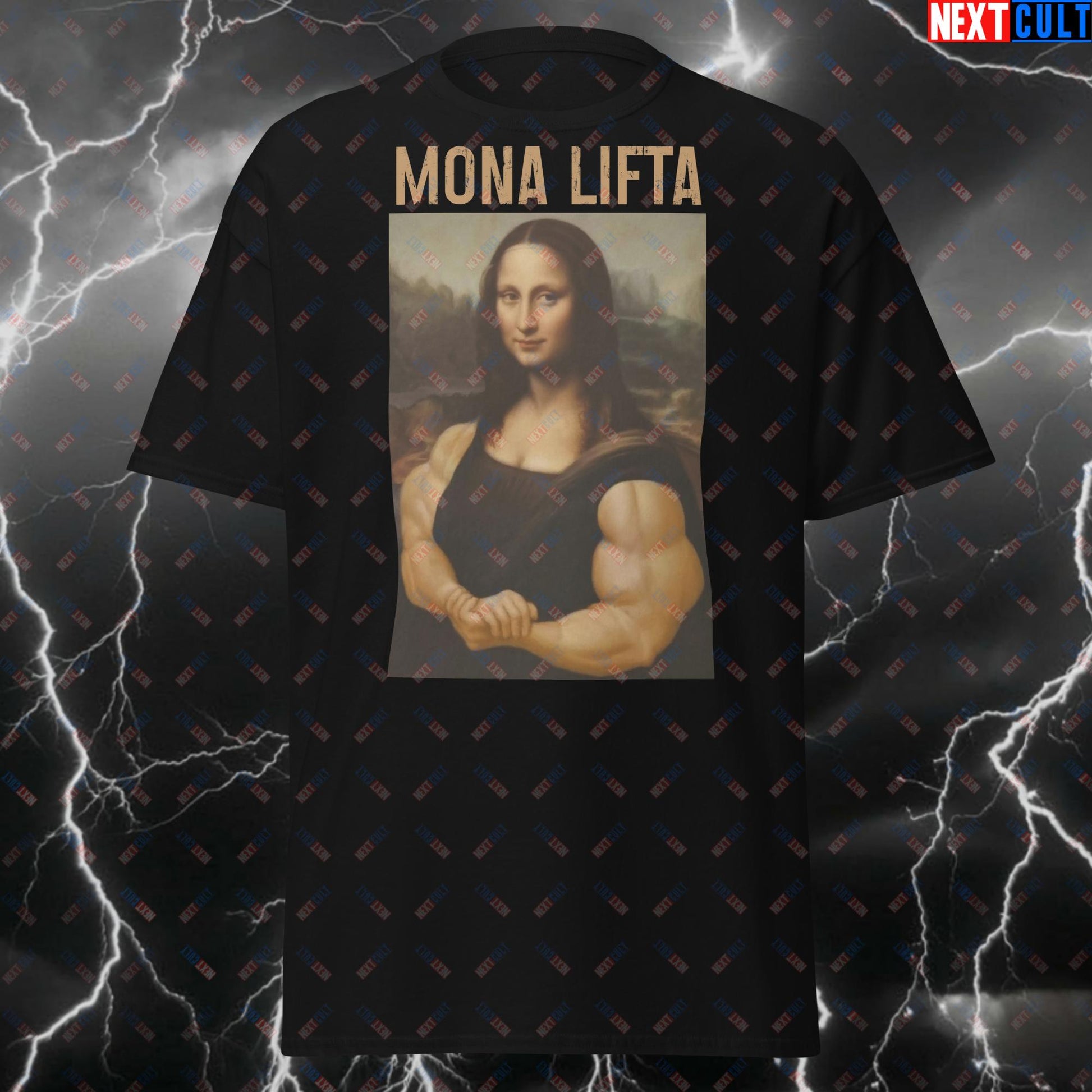 Gym Mona Lisa Mona Lifta T-Shirt - Funny Workout Meme Tee for Powerlifting, Bodybuilding & Gains - Gym Bro Humor T Shirt Top T-shirts Art Bodybuilding Fitness Gym Pump Cover Workout Next Cult Brand