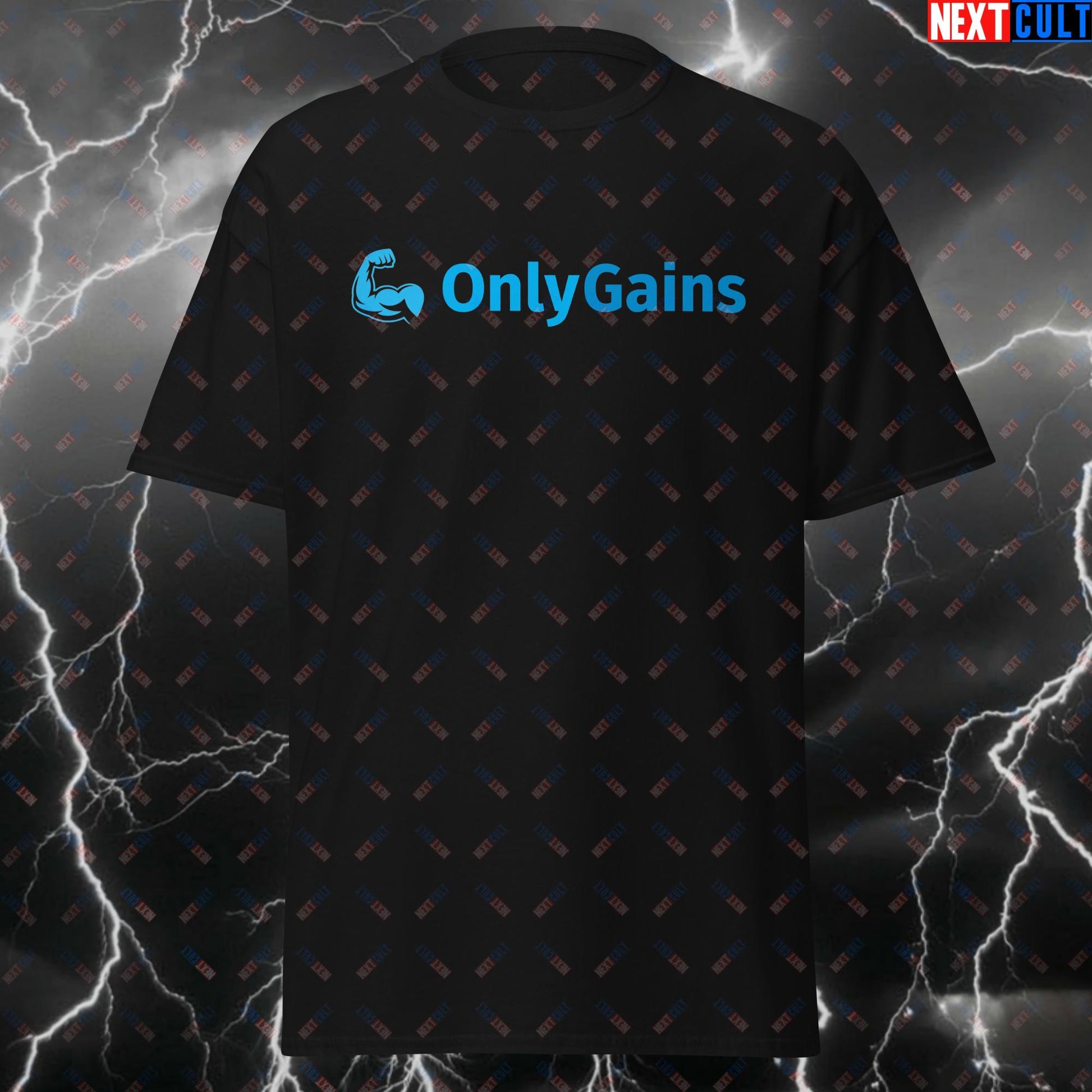 OnlyGains Only Gains Big Biceps T-Shirt - Funny Gym Meme Tee for Lifters - Pump Cover Workout Shirt for Bodybuilding T-shirts Bodybuilding Fitness Gym OnlyFans Pump Cover Workout Next Cult Brand