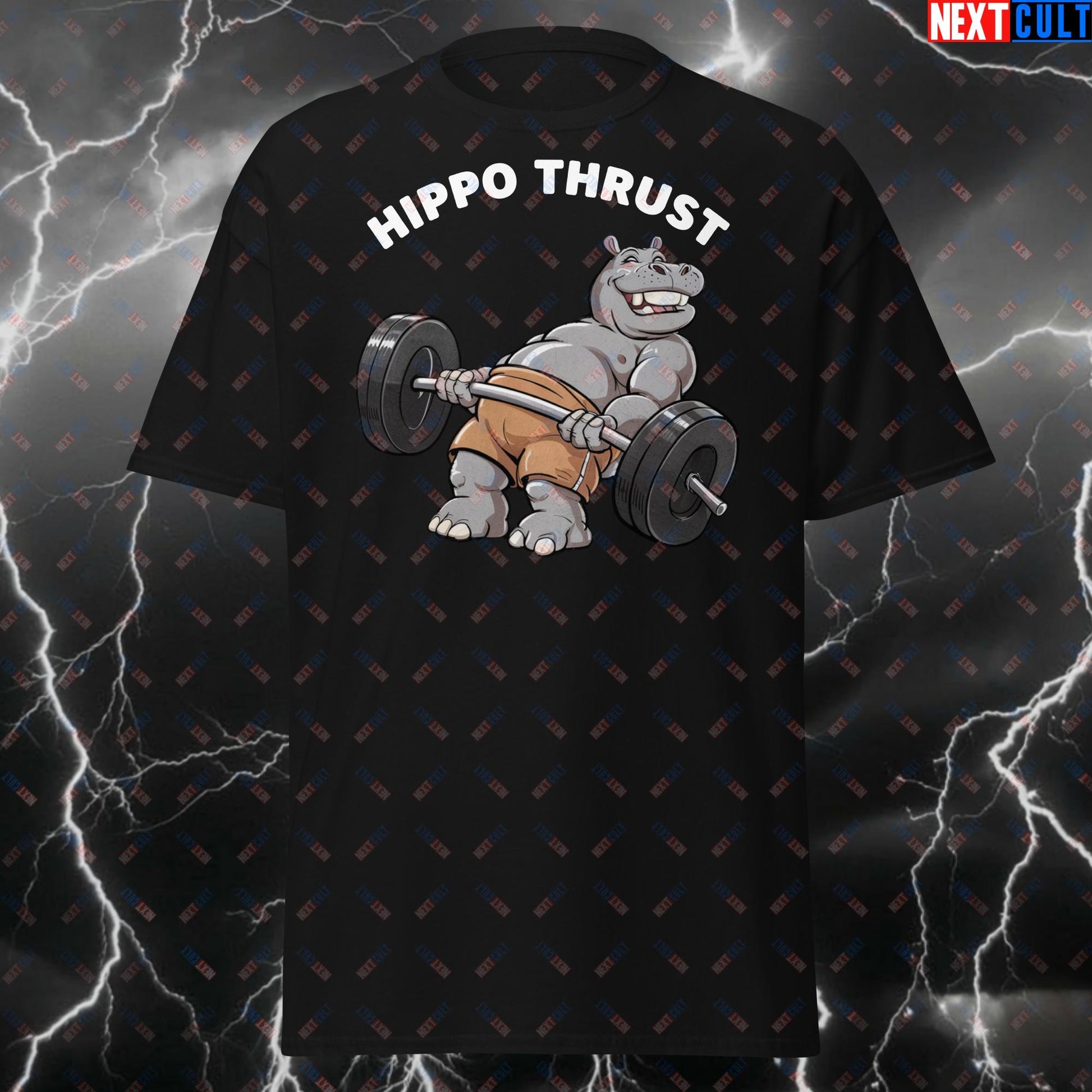 Hippo Thrust Gym Meme T-Shirt - Funny Hip Thrusts & Leg Day Tee for Lifters, Gymbro, Booty Day & Glutes Pump Cover Top T-shirts Bodybuilding Fitness Gym Pump Cover Workout Next Cult Brand
