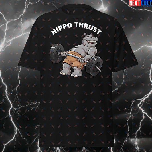 Hippo Thrust Gym Meme T-Shirt - Funny Hip Thrusts & Leg Day Tee for Lifters, Gymbro, Booty Day & Glutes Pump Cover Top T-shirts Bodybuilding Fitness Gym Pump Cover Workout Next Cult Brand