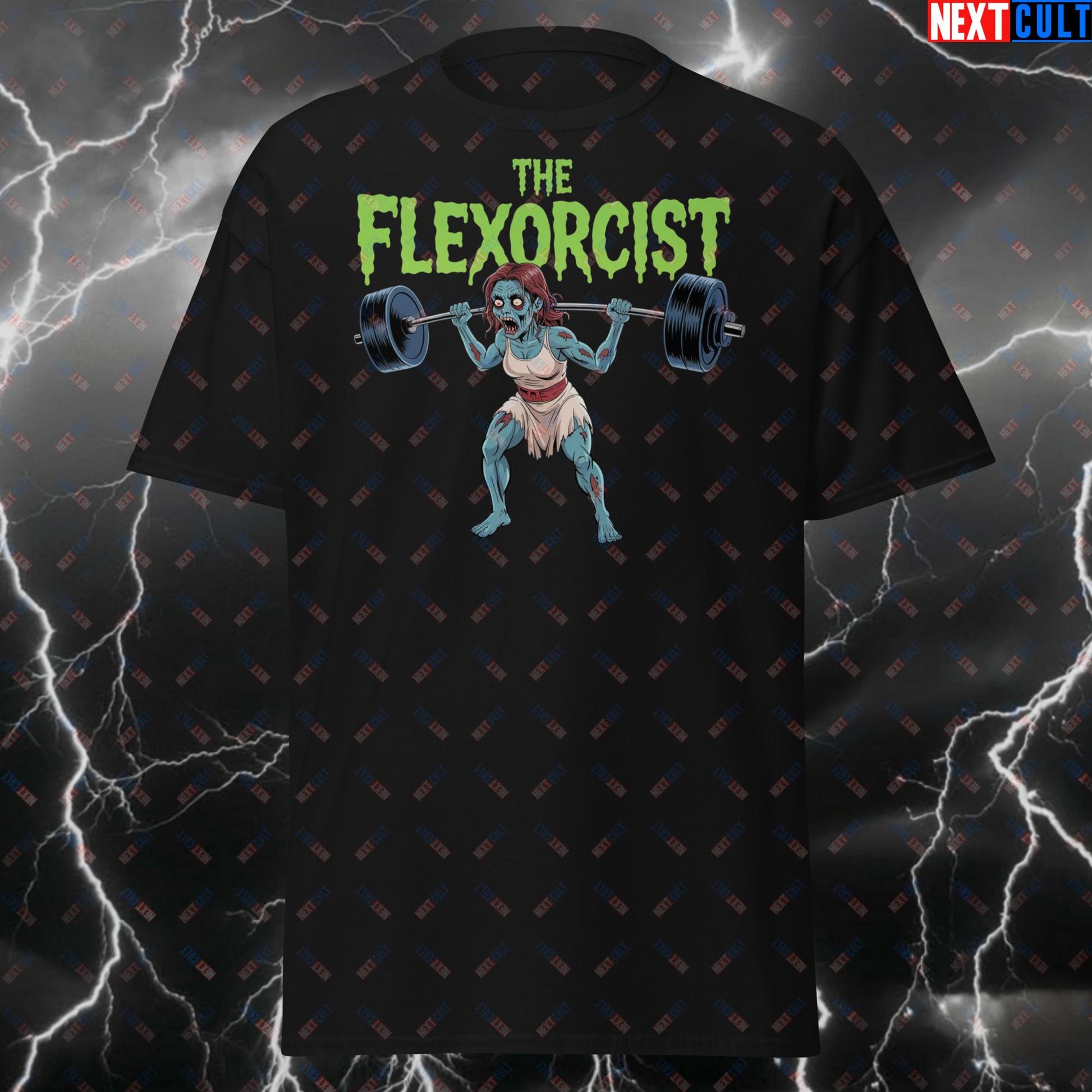 Flexorcist Funny Gym T-Shirt – Zombie Halloween Workout Tee for Lifters, Gymbro Gains Meme Pump Cover Top T-shirts Bodybuilding Fitness Gym Pump Cover Workout Next Cult Brand