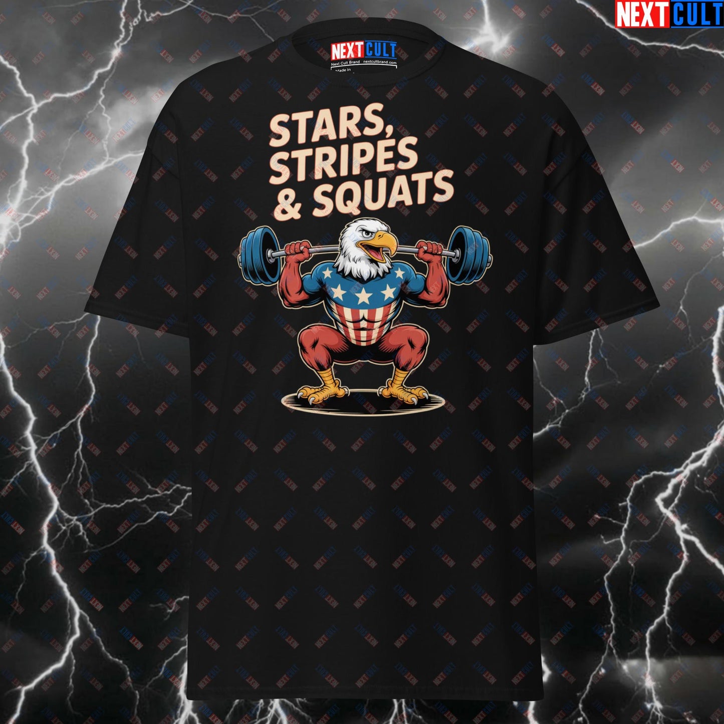 Stars Stripes & Squats Patriotic Eagle T-Shirt - Funny 4th of July Gym Tee for Lifters & Gymbros - USA Workout Pump Cover T-shirts 4th of July Fitness Gym Leg Day Powerlifting Pump Cover Workout Next Cult Brand