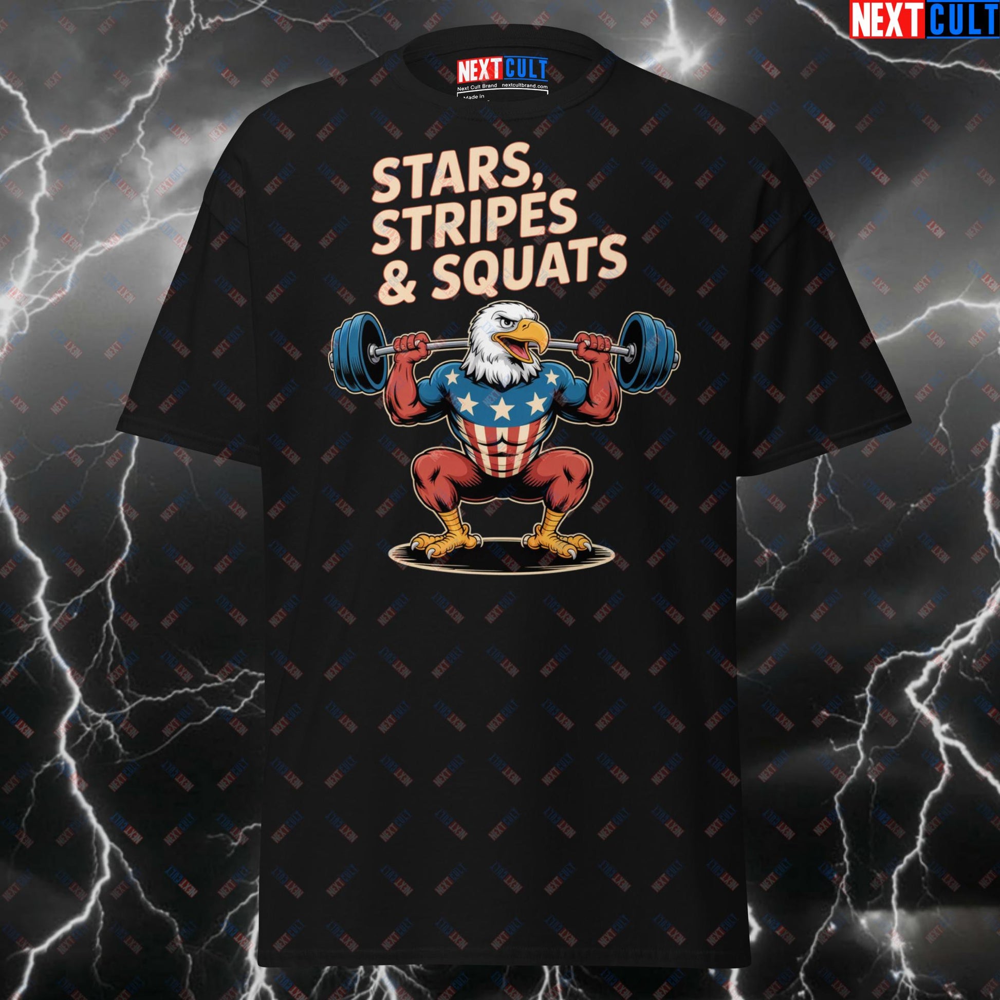 Stars Stripes & Squats Patriotic Eagle T-Shirt - Funny 4th of July Gym Tee for Lifters & Gymbros - USA Workout Pump Cover T-shirts 4th of July Fitness Gym Leg Day Powerlifting Pump Cover Workout Next Cult Brand