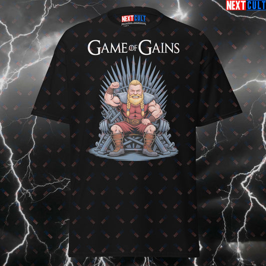 Funny Viking Gym T-Shirt - Game of Gains Pump Cover for Lifters & Gymbros - Norse Fitness Meme Tee T-shirts Bodybuilding Fitness Game of Thrones Gym Pump Cover TV Vikings Workout Next Cult Brand