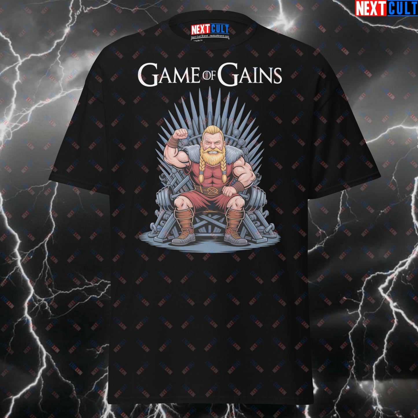 Funny Viking Gym T-Shirt - Game of Gains Pump Cover for Lifters & Gymbros - Norse Fitness Meme Tee T-shirts Bodybuilding Fitness Gym Pump Cover TV Vikings Workout Next Cult Brand