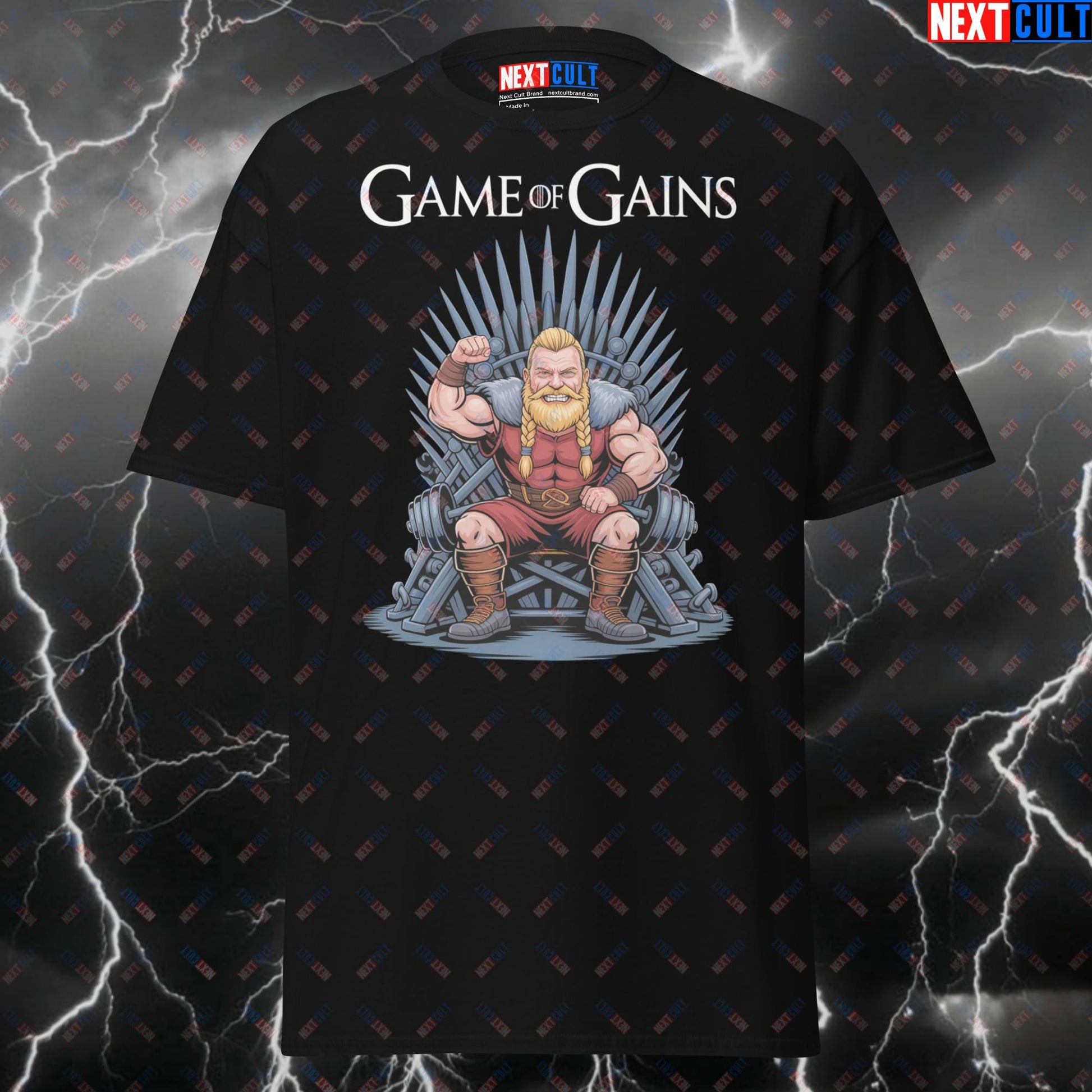 Funny Viking Gym T-Shirt - Game of Gains Pump Cover for Lifters & Gymbros - Norse Fitness Meme Tee T-shirts Bodybuilding Fitness Gym Pump Cover TV Vikings Workout Next Cult Brand