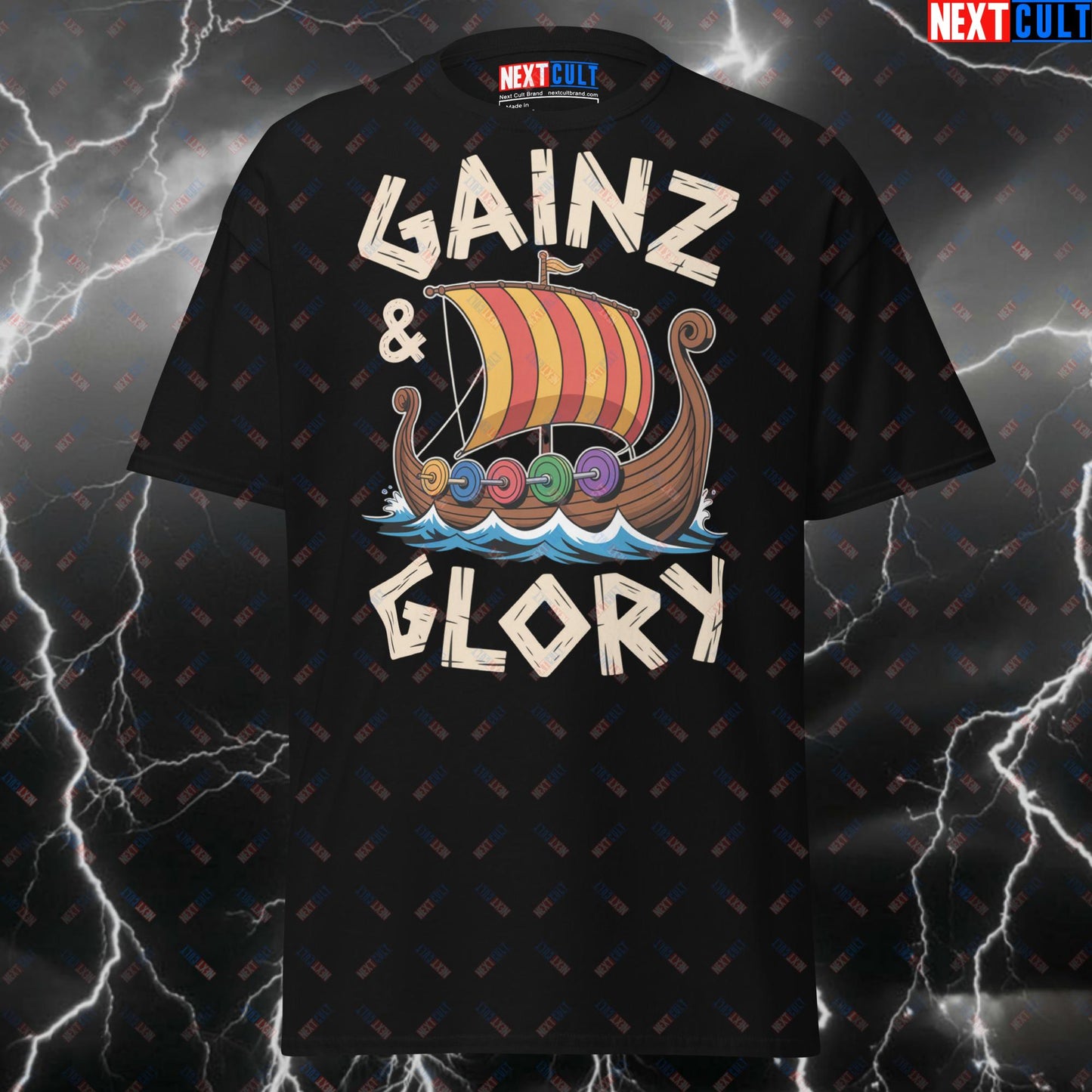Gainz & Glory Viking Gym T-Shirt - Funny Norse Workout Tee for Lifters - Pump Cover Top for Gymbros & Bodybuilding Memes T-shirts Bodybuilding Fitness Gym Pump Cover Vikings Workout Next Cult Brand