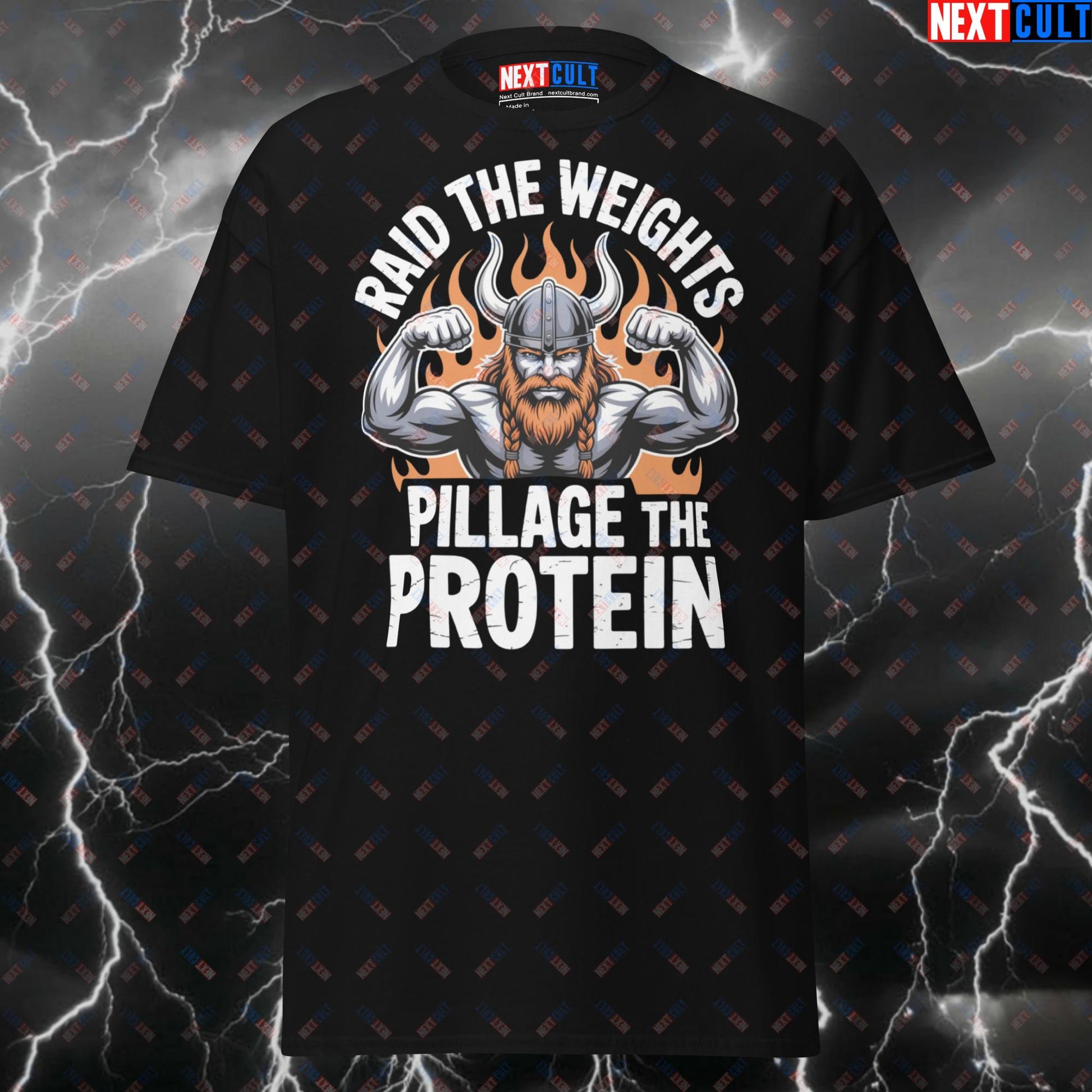 Raid The Weights Pillage The Protein Viking Gym T-Shirt - Funny Norse Workout Tee for Lifters & Gymbros - Pump Cover Meme Shirt T-shirts Bodybuilding Fitness Gym Pump Cover Vikings Workout Next Cult Brand