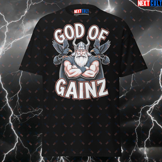 God of Gainz Viking Gym T-Shirt - Funny Norse Workout Tee for Lifters & Gymbros - Pump Cover Fitness Shirt T-shirts Bodybuilding Fitness Gym Pump Cover Vikings Workout Next Cult Brand