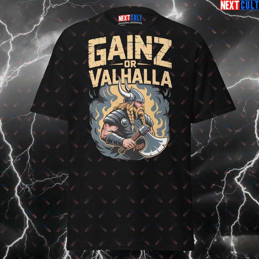 Gainz Or Valhalla Viking Gym T-Shirt - Funny Norse Workout Tee for Lifters & Gymbros - Pump Cover Fitness Shirt T-shirts Bodybuilding Fitness Gym Pump Cover Vikings Workout Next Cult Brand