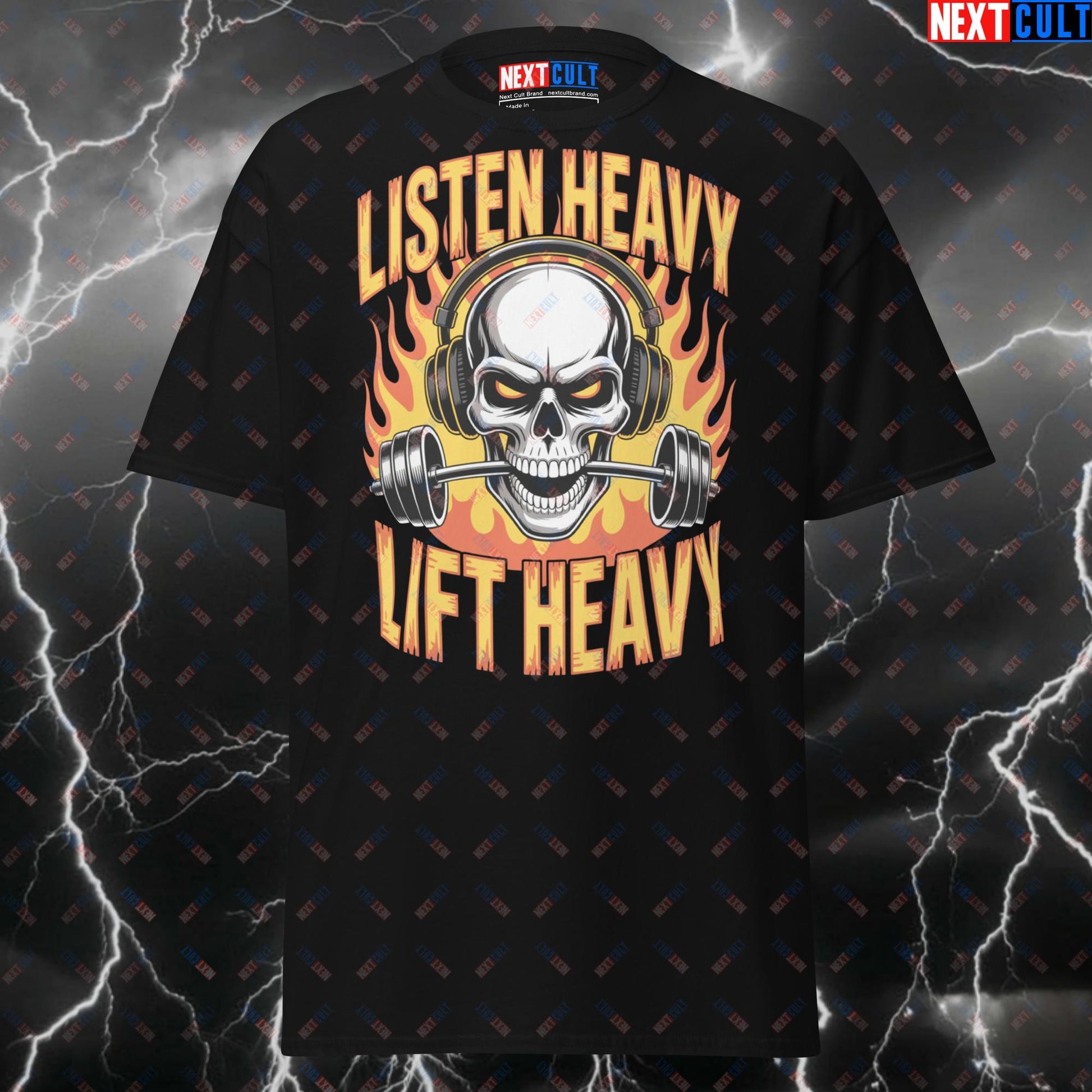 Listen Heavy Lift Heavy Gym T-Shirt - Funny Heavy Metal Workout Tee for Lifters & Gymbros - Pump Cover Fitness Top T-shirts Bodybuilding Fitness Gym Powerlifting Pump Cover Rock Music Workout Next Cult Brand