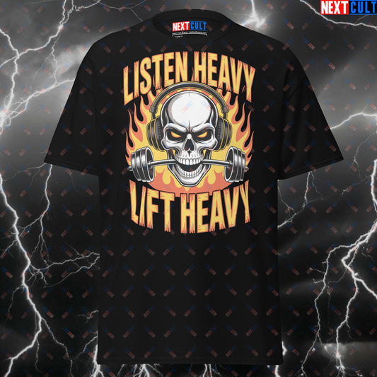 Listen Heavy Lift Heavy Gym T-Shirt - Funny Heavy Metal Workout Tee for Lifters & Gymbros - Pump Cover Fitness Top T-shirts Bodybuilding Fitness Gym Powerlifting Pump Cover Rock Music Workout Next Cult Brand