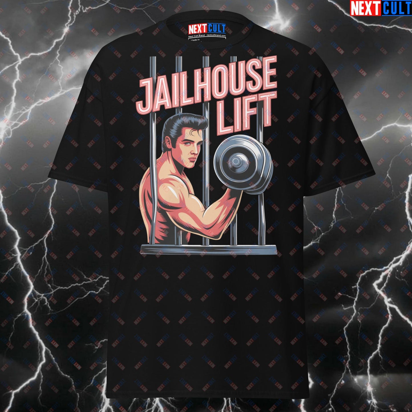Jailhouse Lift Funny Gym T-Shirt - Elvis Presley Rock & Roll Workout Tee for Lifters & Gymbros - Pump Cover Meme Shirt T-shirts Bodybuilding Elvis Presley Fitness Gym Pump Cover Rock Music Workout Next Cult Brand