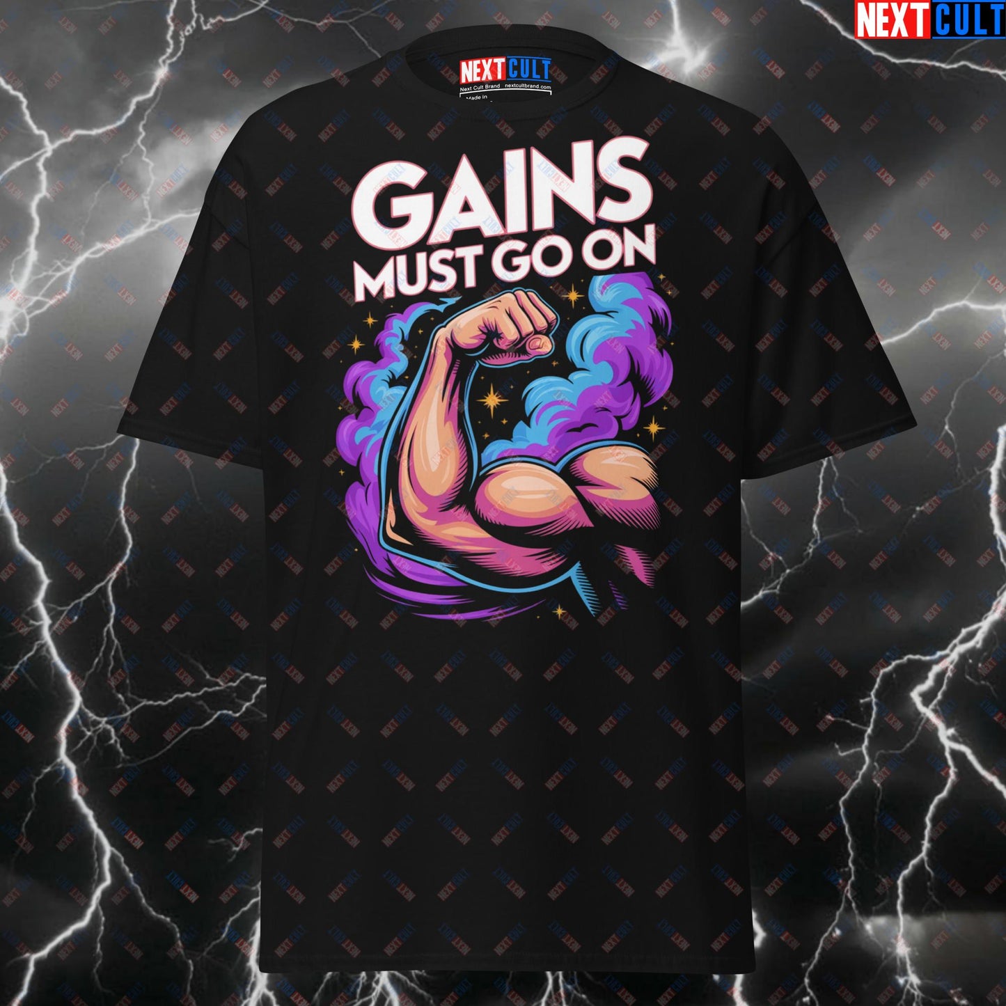 Gains Must Go On Funny Gym Shirt - Queen Rock Music Meme Tee for Lifters & Gymbros - Pump Cover Workout Top T-shirts Bodybuilding Fitness Gym Pump Cover Queen Rock Music Workout Next Cult Brand