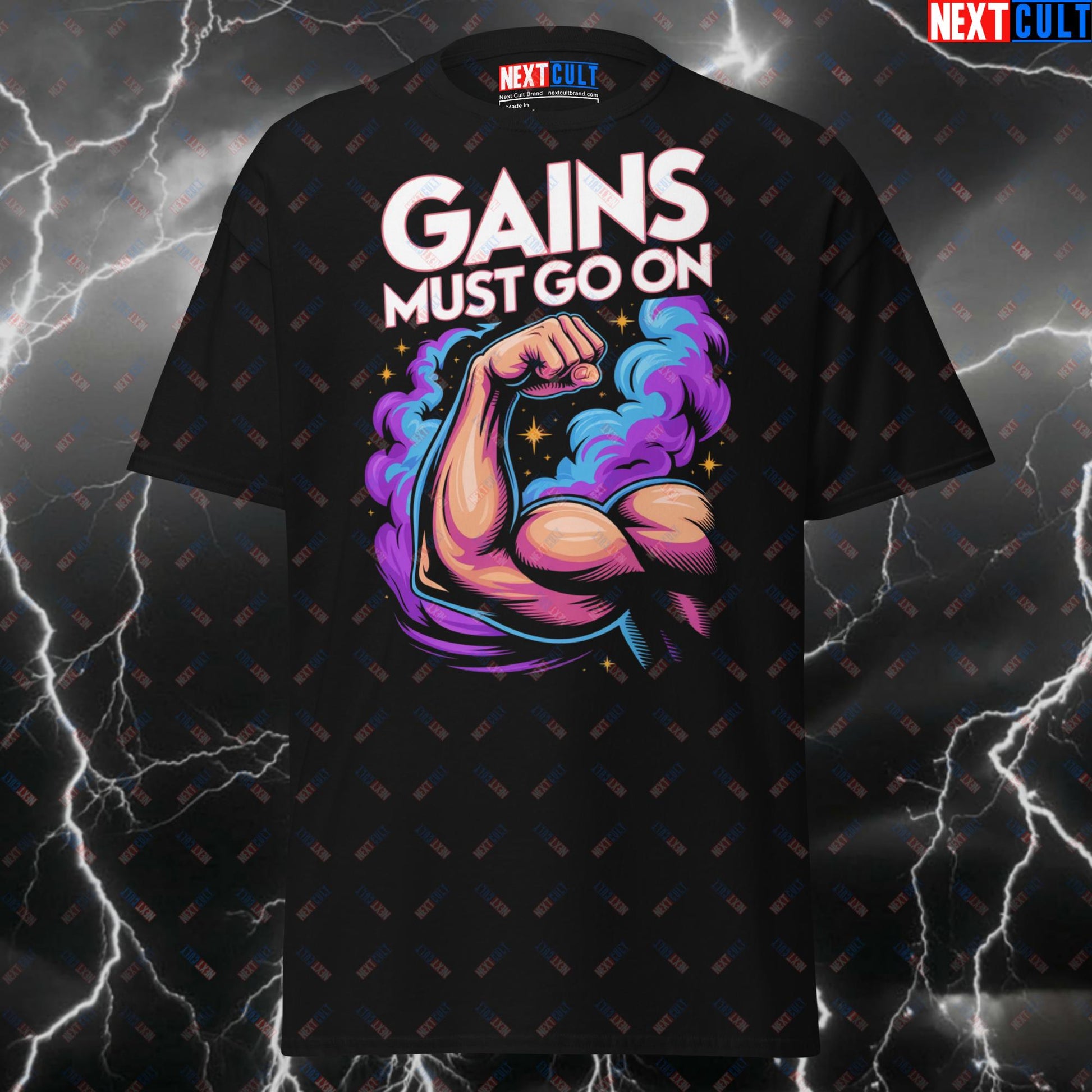 Gains Must Go On Funny Gym Shirt - Queen Rock Music Meme Tee for Lifters & Gymbros - Pump Cover Workout Top T-shirts Bodybuilding Fitness Gym Pump Cover Queen Rock Music Workout Next Cult Brand
