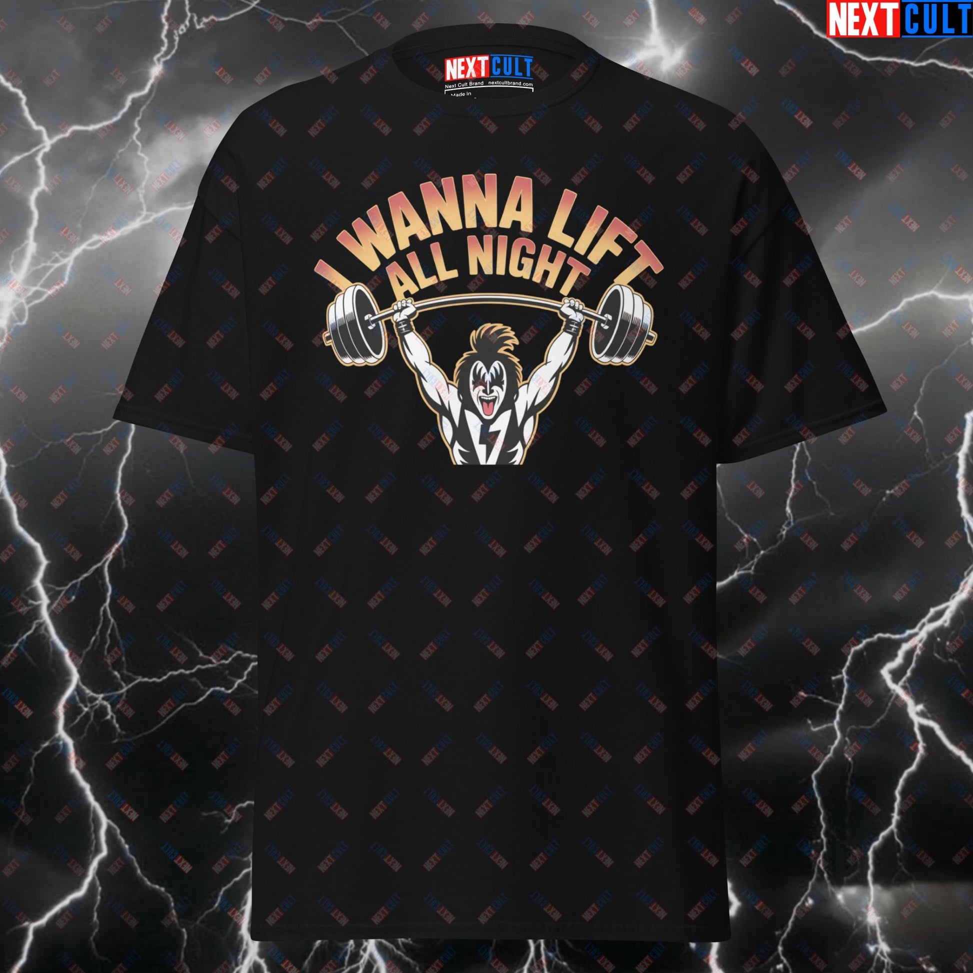 I Wanna Lift All Night T-Shirt | KISS-Inspired Workout Tee for Gymbros & Powerlifting Meme Pump Cover - Funny Gym Shirt T-shirts Bodybuilding Fitness Gym KISS Pump Cover Rock Music Workout Next Cult Brand