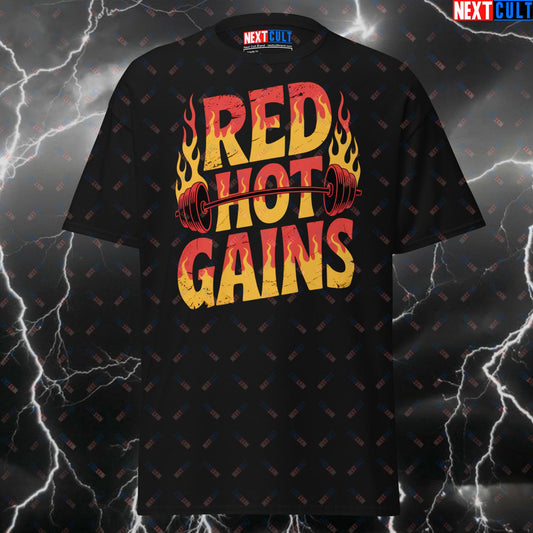 Red Hot Gains Gym T-Shirt - Funny Workout Tee for Lifters & Gymbros - Rock Music Pump Cover Top T-shirts Bodybuilding Fitness Gym Powerlifting Pump Cover Red Hot Chili Peppers Rock Music Workout Next Cult Brand