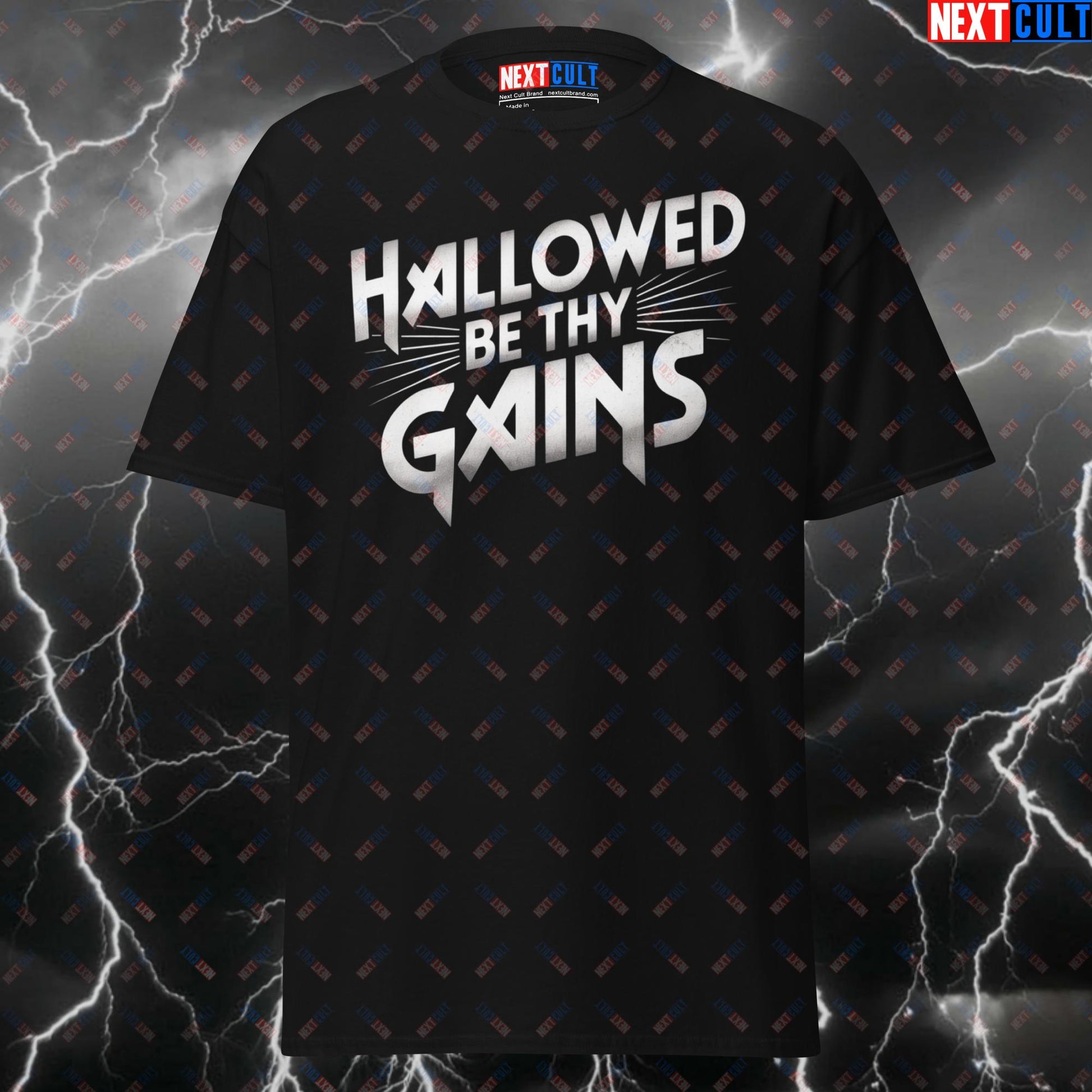Hallowed Be Thy Gains T-Shirt - Funny Gym Shirt & Pump Cover for Metalheads, Lifters & Gymbros - Heavy Metal Workout Tee T-shirts Bodybuilding Fitness Gym Iron Maiden Pump Cover Rock Music Workout Next Cult Brand