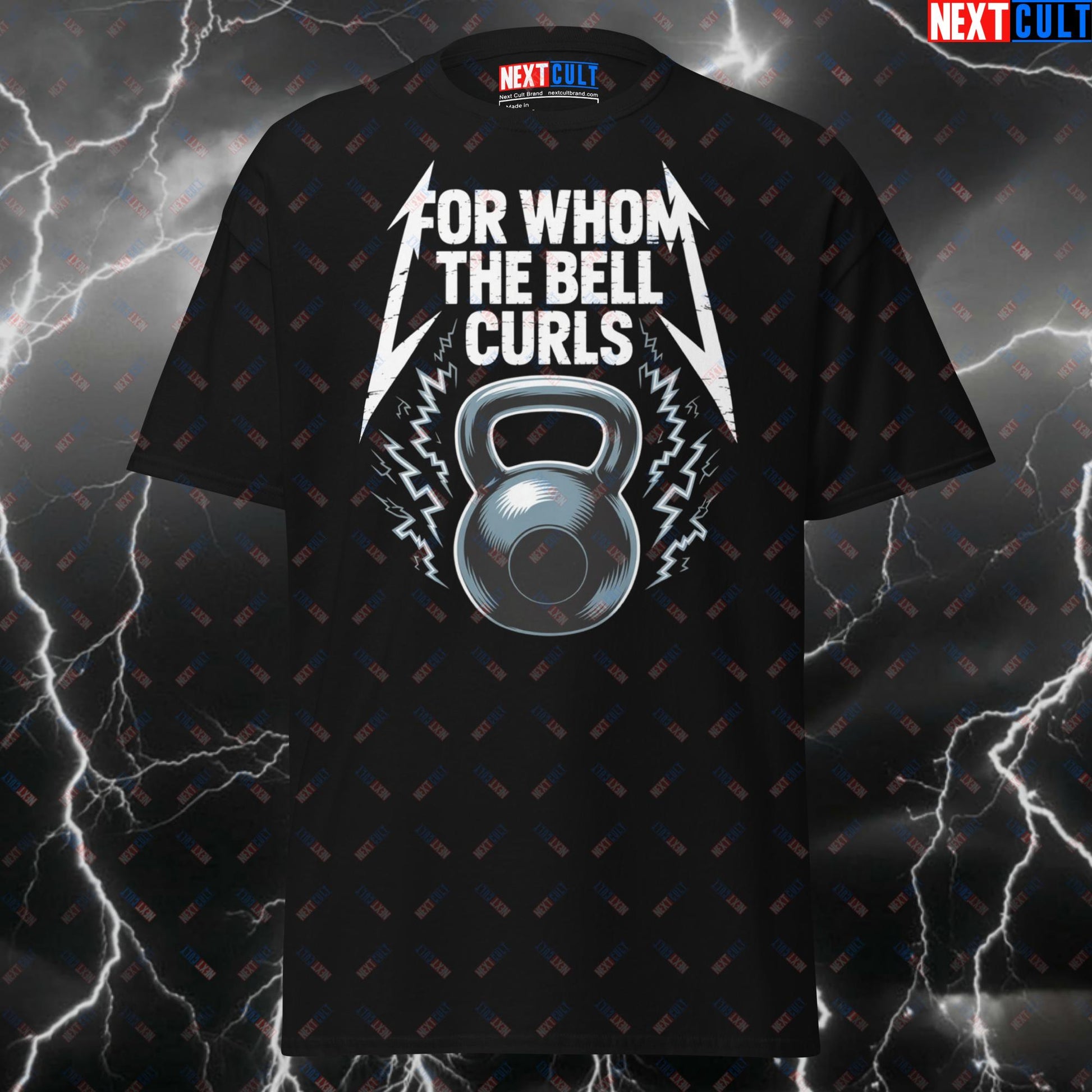 For Whom The Bell Curls Kettlebell Tee - Heavy Metal Pump Cover for Lifters & Gymbros - Fitness Meme T-Shirt - Funny Gym Shirt T-shirts Bodybuilding Fitness Functional Fitness Gym Kettlebell Metallica Pump Cover Rock Music Workout Next Cult Brand