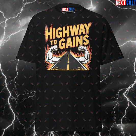 Highway To Gains Gym T-Shirt - Funny AC/DC Rock Music Workout Tee for Lifters & Gymbros - Pump Cover Meme Shirt T-shirts AC/DC Bodybuilding Fitness Gym Pump Cover Rock Music Workout Next Cult Brand