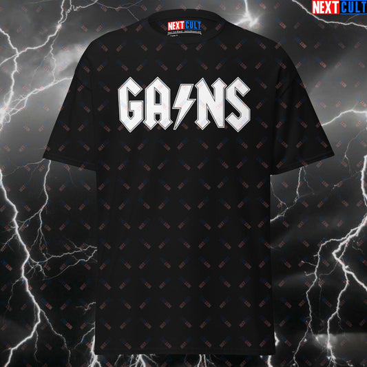 GAINS Gym T-Shirt - Funny AC/DC Rock Music Pump Cover Tee for Lifters, Gymbros & Powerlifting Meme Fans T-shirts AC/DC Bodybuilding Fitness Gym Pump Cover Rock Music Workout Next Cult Brand