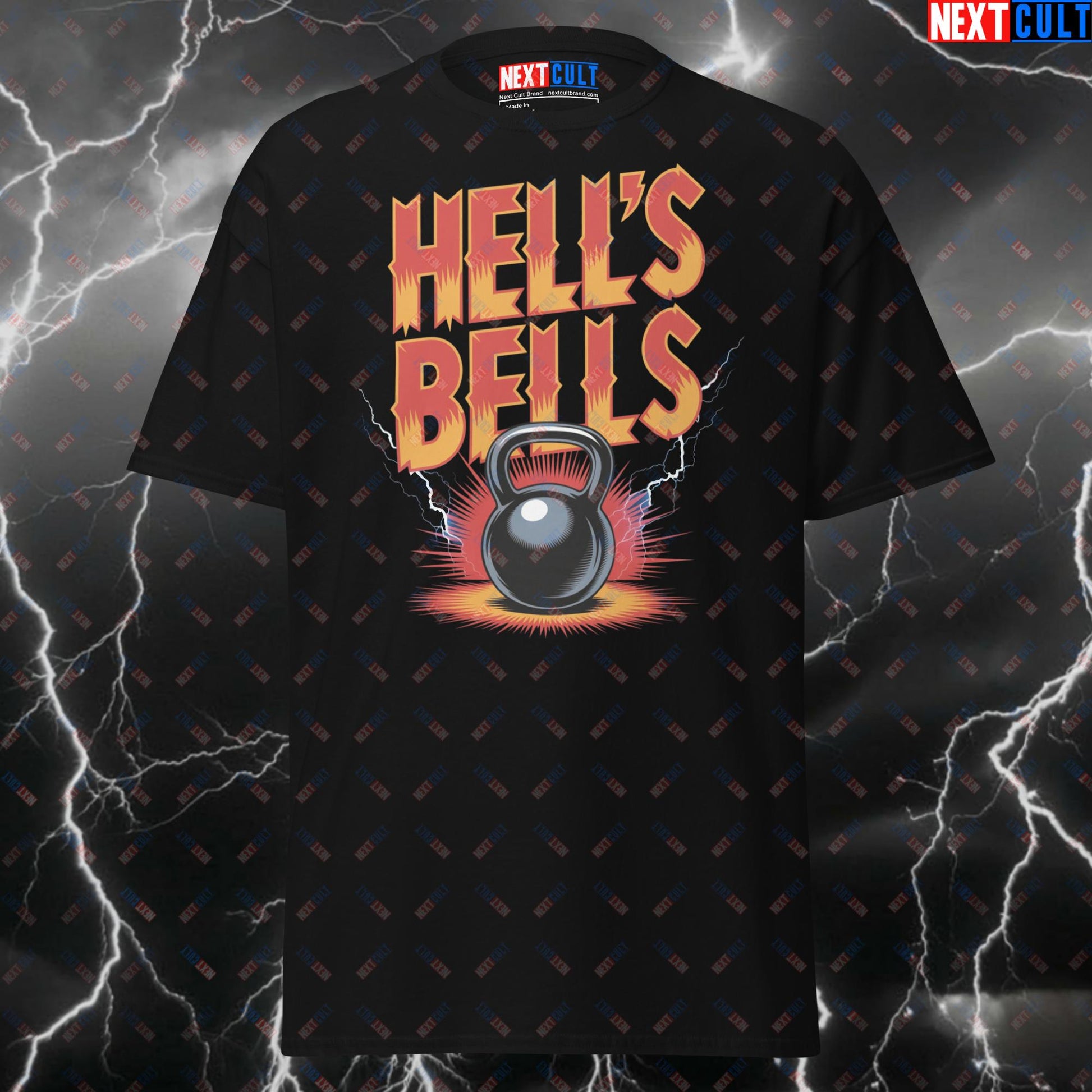 Hell's Bells Kettlebell Gym T-Shirt - Funny AC/DC Rock Music Workout Tee for Lifters, Pump Cover & Gymbro Meme Top T-shirts AC/DC Bodybuilding Fitness Functional Fitness Gym Kettlebell Pump Cover Rock Music Workout Next Cult Brand