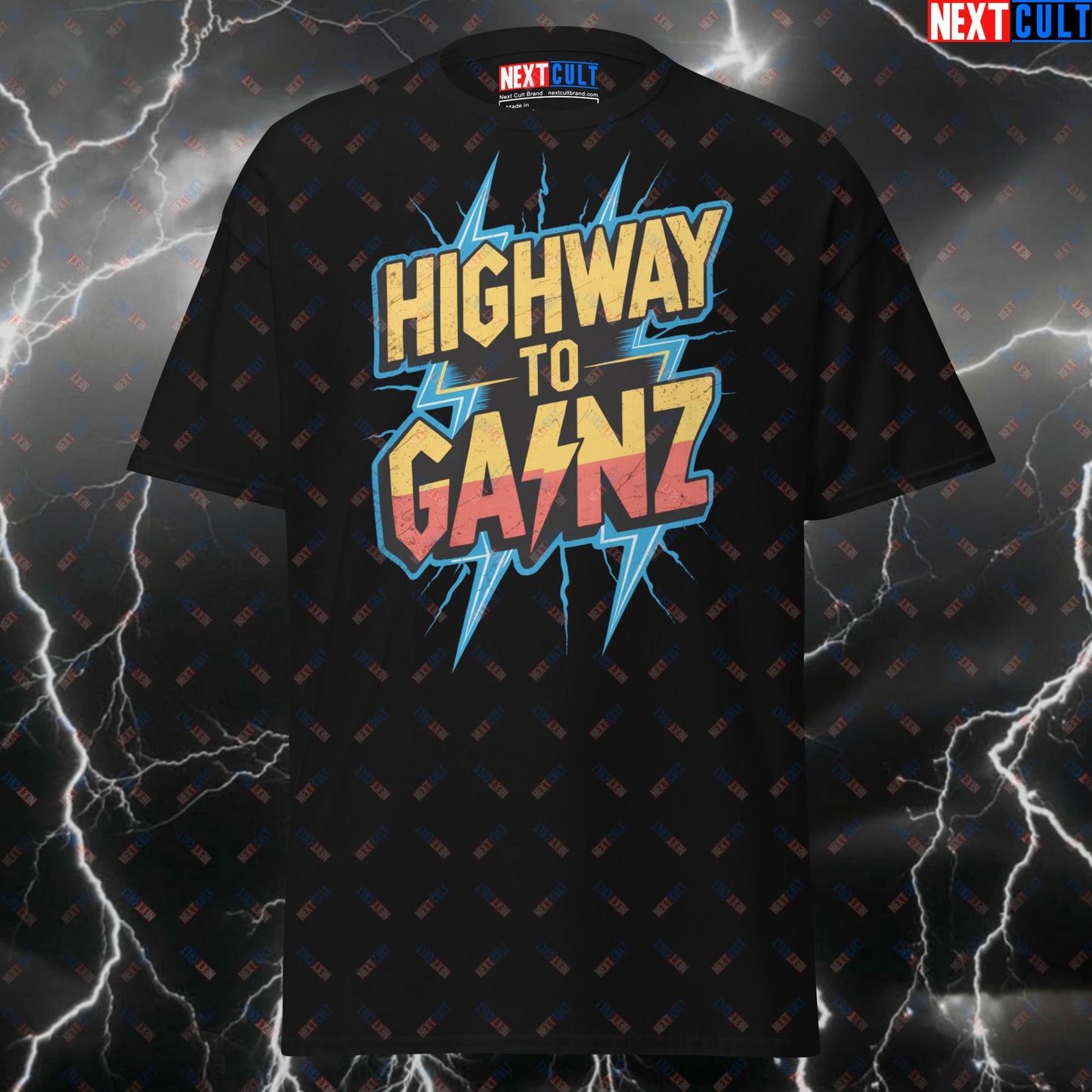 Highway to Gainz AC/DC Rock Music Gym T-Shirt – Funny Workout Tee for Lifters & Gymbros – Pump Cover Meme Top T-shirts AC/DC Bodybuilding Fitness Gym Pump Cover Rock Music Workout Next Cult Brand