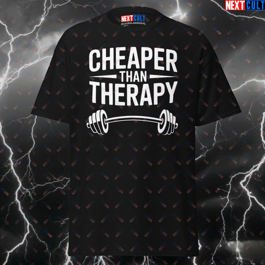 Funny Gym T-Shirt - Gym Is Cheaper Than Therapy Tee | Workout Meme Pump Cover for Lifters & Gymbros T-shirts Bodybuilding Fitness Gym Powerlifting Pump Cover Workout Next Cult Brand
