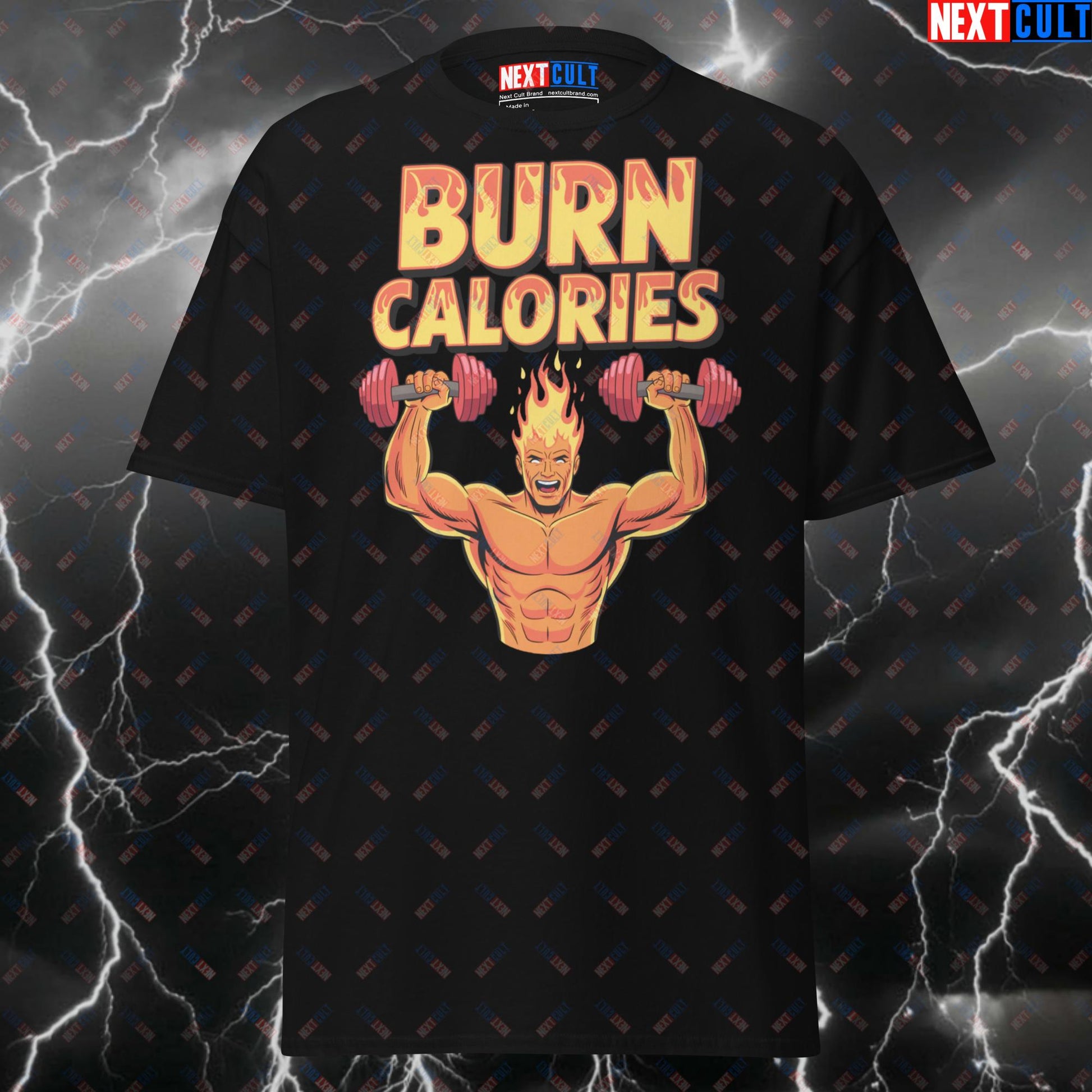 Funny Gym Shirt - Human Torch Burn Calories Tee | Superhero Comic Book Fitness Pump Cover Top for Cardio & Gains T-shirts Bodybuilding Cardio Fantastic 4 Films Fitness Gym Pump Cover Superheroes Workout Next Cult Brand
