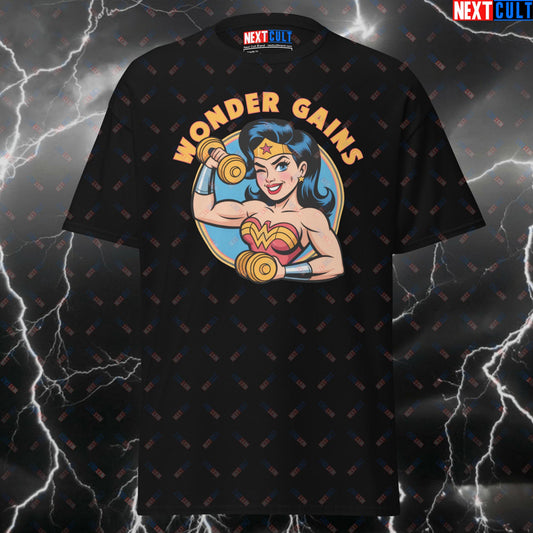 Funny Gym Hero Wonder Gains T-Shirt – Superhero Pump Cover Tee for Lifters & Gymbros – Fitness Meme Workout Top T-shirts Bodybuilding Films Fitness Gym Justice League Pump Cover Superheroes Wonder Woman Workout Next Cult Brand