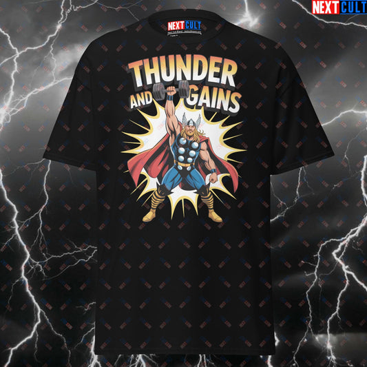 Thunder & Gains T-Shirt – Funny Gym Shirt & Pump Cover for Lifters | Thor-Inspired Workout Tee for Gym Bros & Fitness Heroes T-shirts Avengers Bodybuilding Films Fitness Gym Pump Cover Superheroes Thor Workout Next Cult Brand