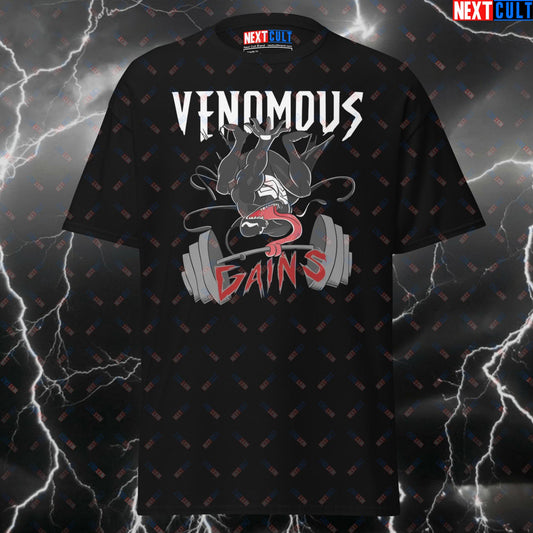 Venomous Gains T-Shirt - Funny Gym Shirt & Pump Cover for Lifters, Bodybuilding Meme Tee, Comic Book Workout Top for Gym Bros T-shirts Bodybuilding Films Fitness Gym Powerlifting Pump Cover Superheroes Venom Workout Next Cult Brand